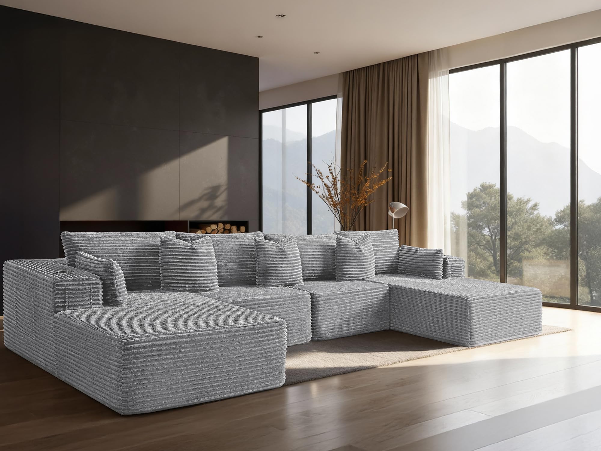 138" Cloud Sectional Couch, Comfort U Shaped Sofa for Living Room, Extra Deep Seats No Assembly, Minimalist Modular Couch, Corduroy (Light Grey, 6 Seats,U-Shape C)