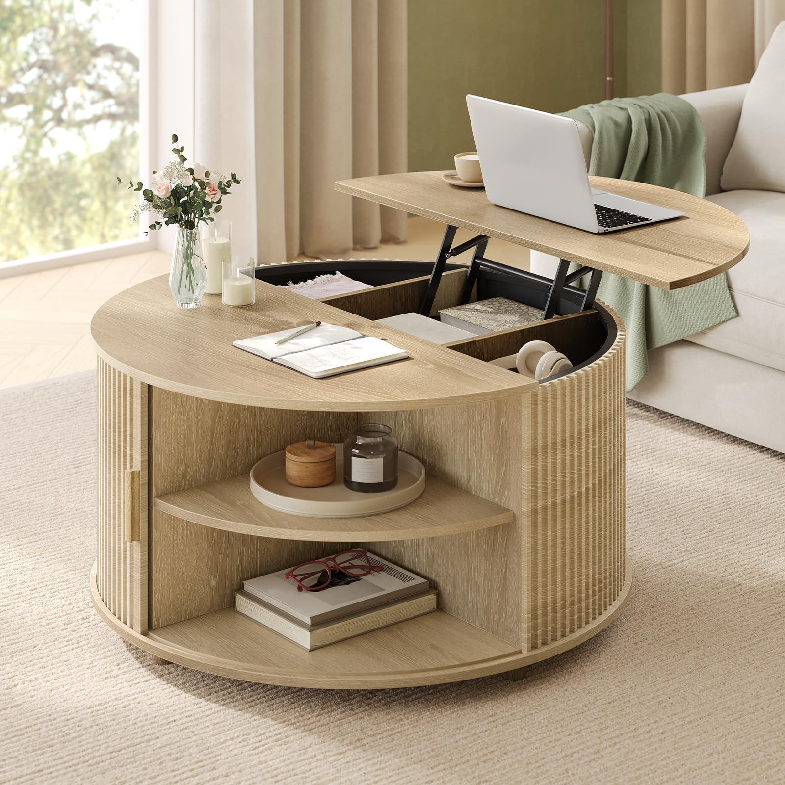 Round Lift Top Coffee Table, 34.6" Modern Coffee Table with 180° Curved Sliding Door, Fluted Accent Coffee Tables with Hidden Storage and Open Shelves