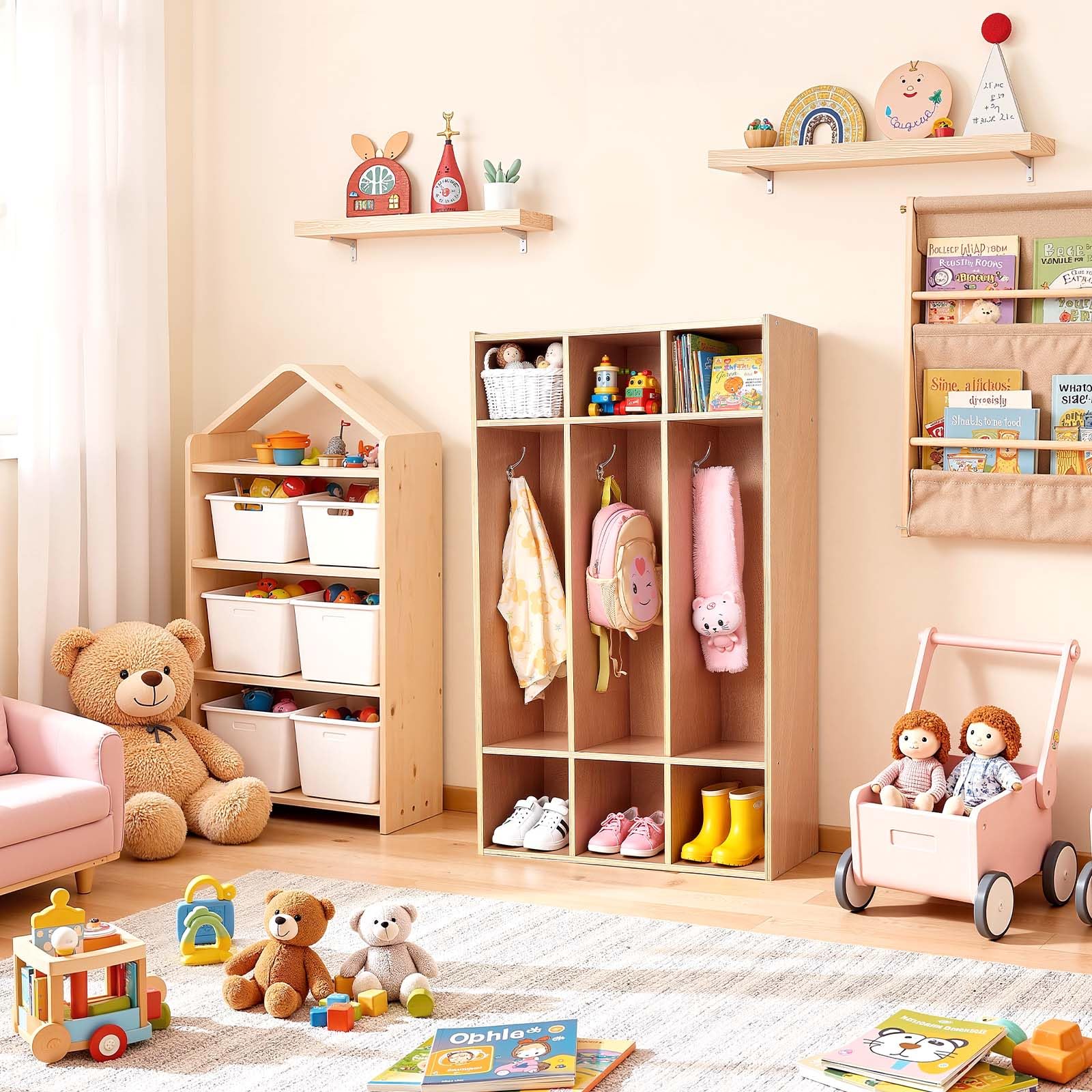 VEVOR Vestiaire 3 Enfants Ouvert, Penderie pour Enfants en Bois, Rangement pour Crèche Maternelle Garderie Maison, Meuble d'accueil Scolaire avec Casiers à Manteau et à Chaussures, Cases Supérieures