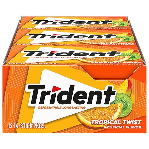12 paquetes de 14 unidades cada uno es decir en total son 168 unidades de goma de mascar Trident Tropical Twist sin azúcar sabor tropical