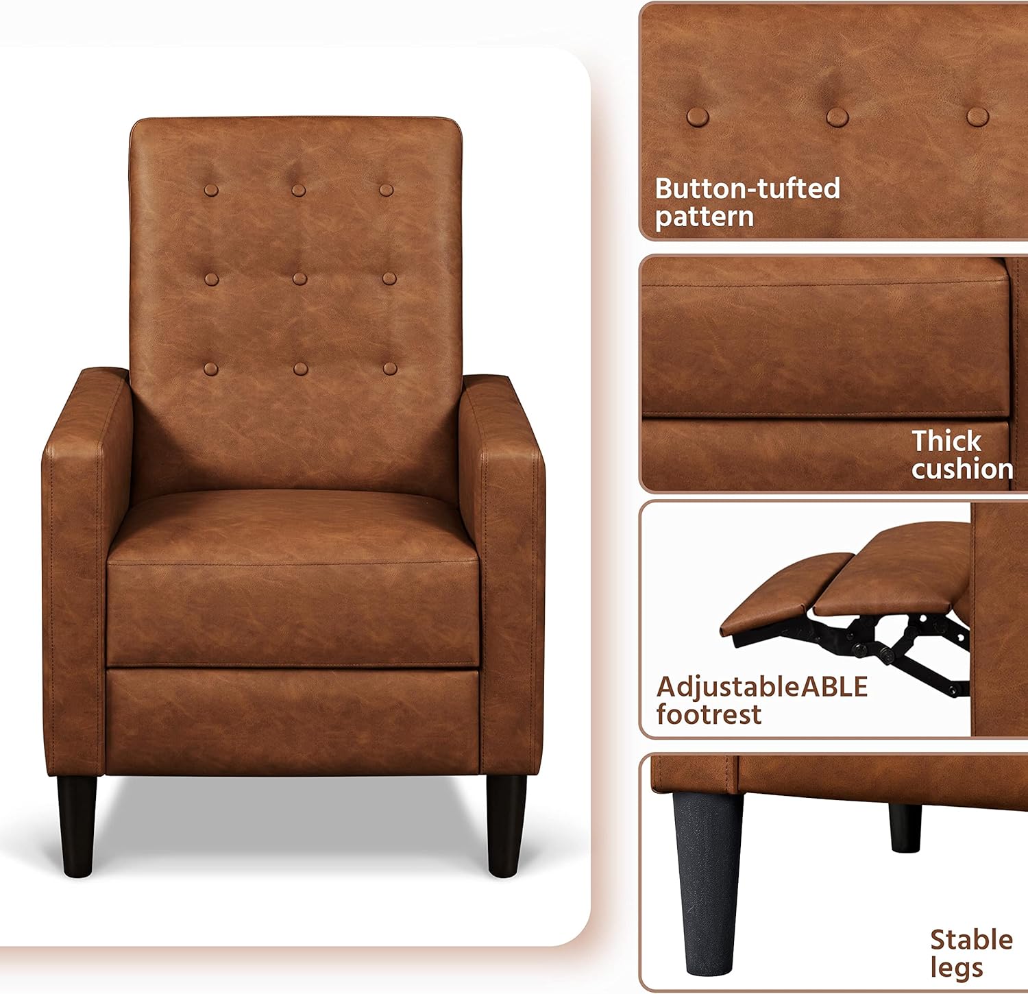 Brown Faux Leather Recliner with Button Tufting