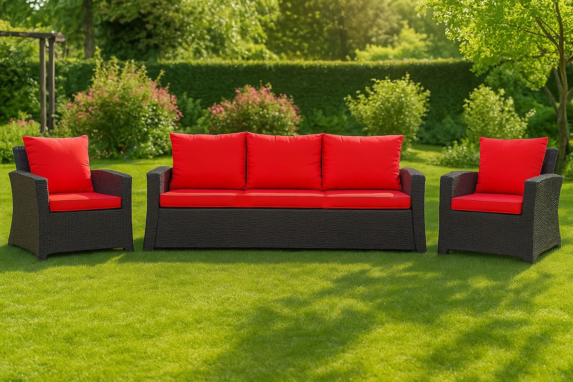 SET Coussins de jardin en rotin 4-5 places – Pour canapé, chaise à bascule et salon, confortables pour intérieur et extérieur, polyester - imperméable (rouge, 160x60x50 cm / 2x 50x56 cm)