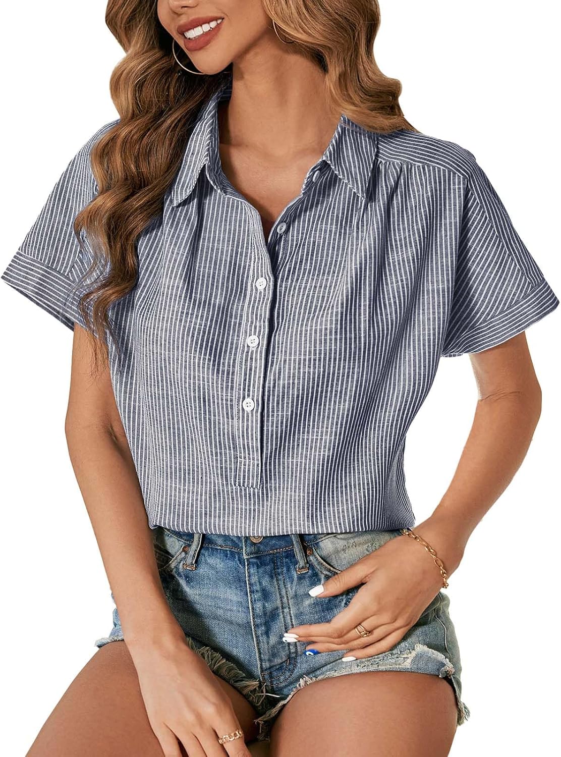 Lightweight Button Down Collared Striped Sleeveless Top