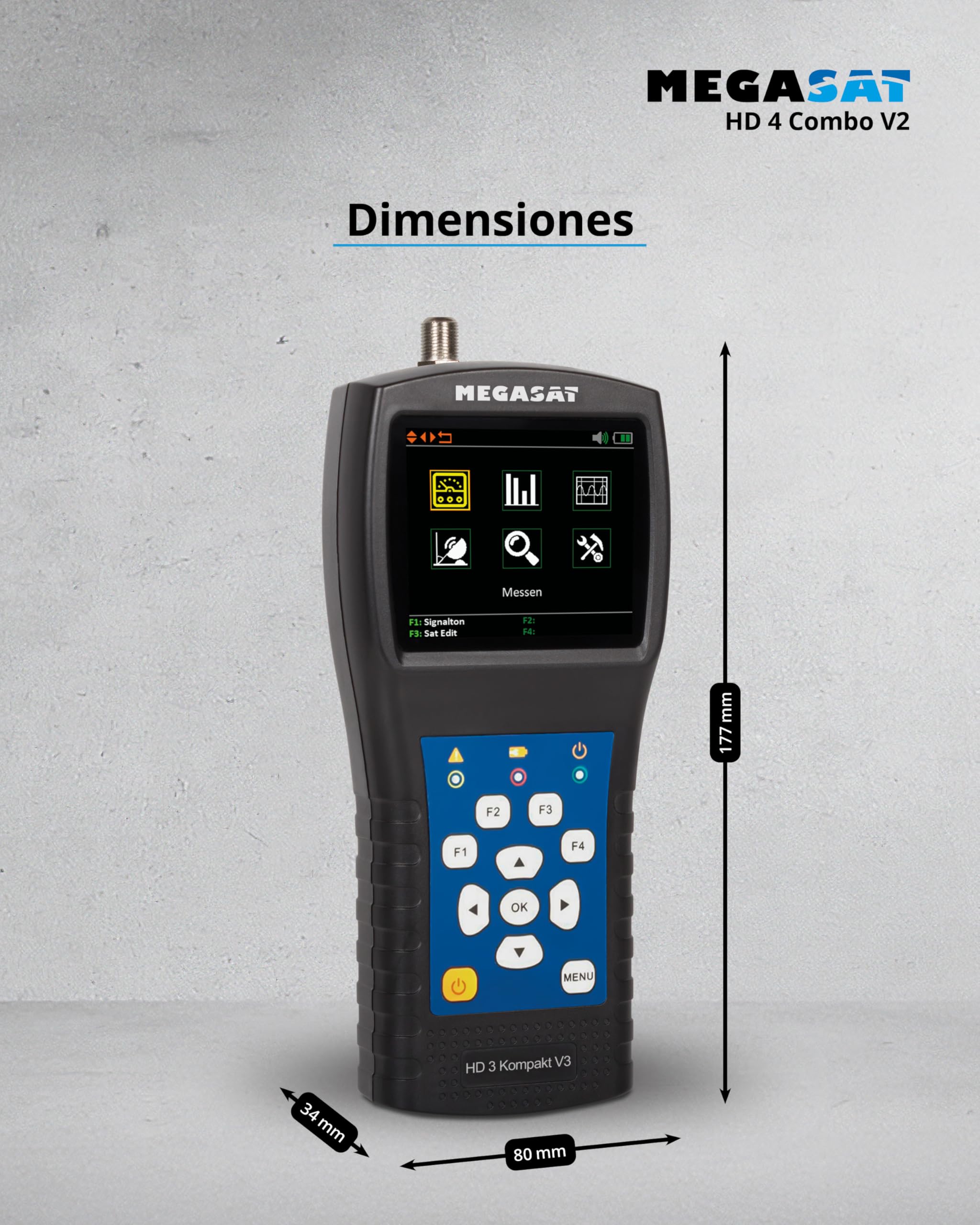 Megasat HD 4 Combo V2 – Medidor para satélite, Cable y TDT | DVB-S/S2, TDT, DVB-C, pantalla a color de 6,9 cm, Unicable, análisis de espectro, batería