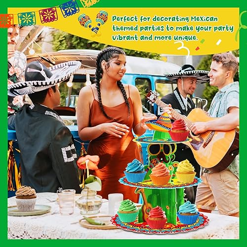 Miniatura 6 de Decoraciones de fiesta mexicana de 3 niveles para fiesta de cumpleaños mexicana, soporte para cupcakes, cactus, fiesta, cupcakes, decoración para