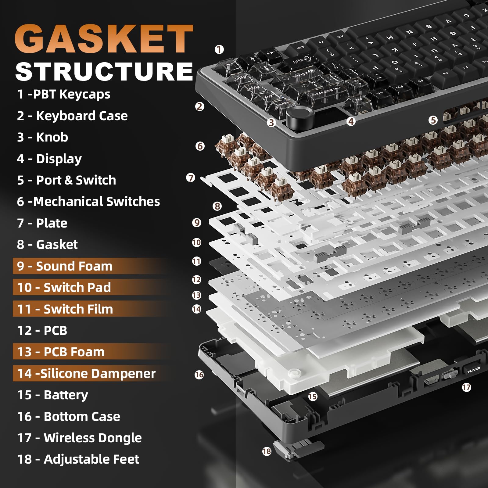 YUNZII B75 Pro MAX Teclado Mecánico Inalámbrico, Diseño 75% con Pantalla TFT y Control Giratorio, Hot Swap, QMK/Via, RGB, BT/USB-C/2,4G para Win/Mac (Negro, Cocoa Cream V2 Switch) - 5