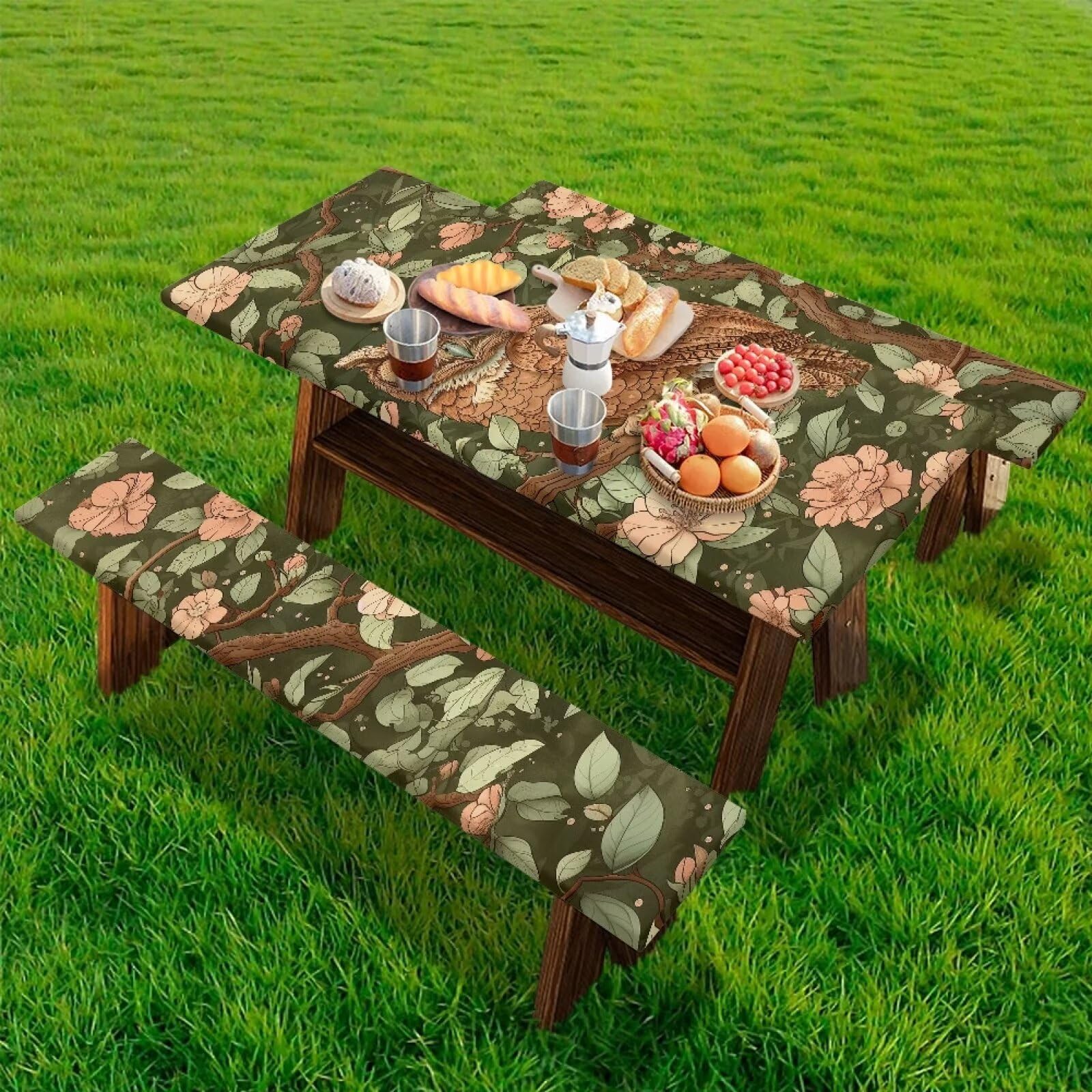 Oamsistay Floral Camping Tablecloth with Elastic Owl Prints Picnic Table Cover with Bench Covers Fits 6 Foot Gathering Tables/Patio Furniture/Board Beach, Camping Supplies Ideal Gifts, 72x30 Inches