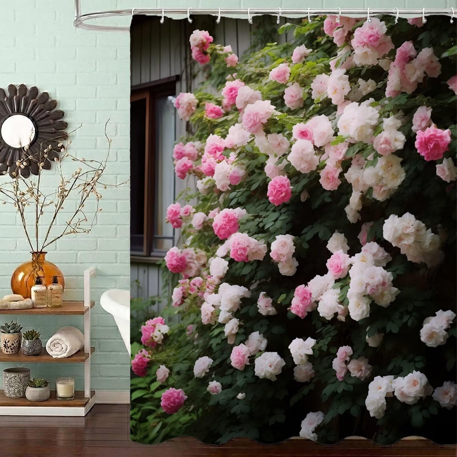 Duschvorhang 240x200 cm Anti Schimmel - Garten Design - Wasserdicht & Waschbar Schnelltrocknender Polyester Stoff - Inkl. 12 Ringe und Gewicht Shower Curtain für Badezimmer Badewanne, Blume J8-329