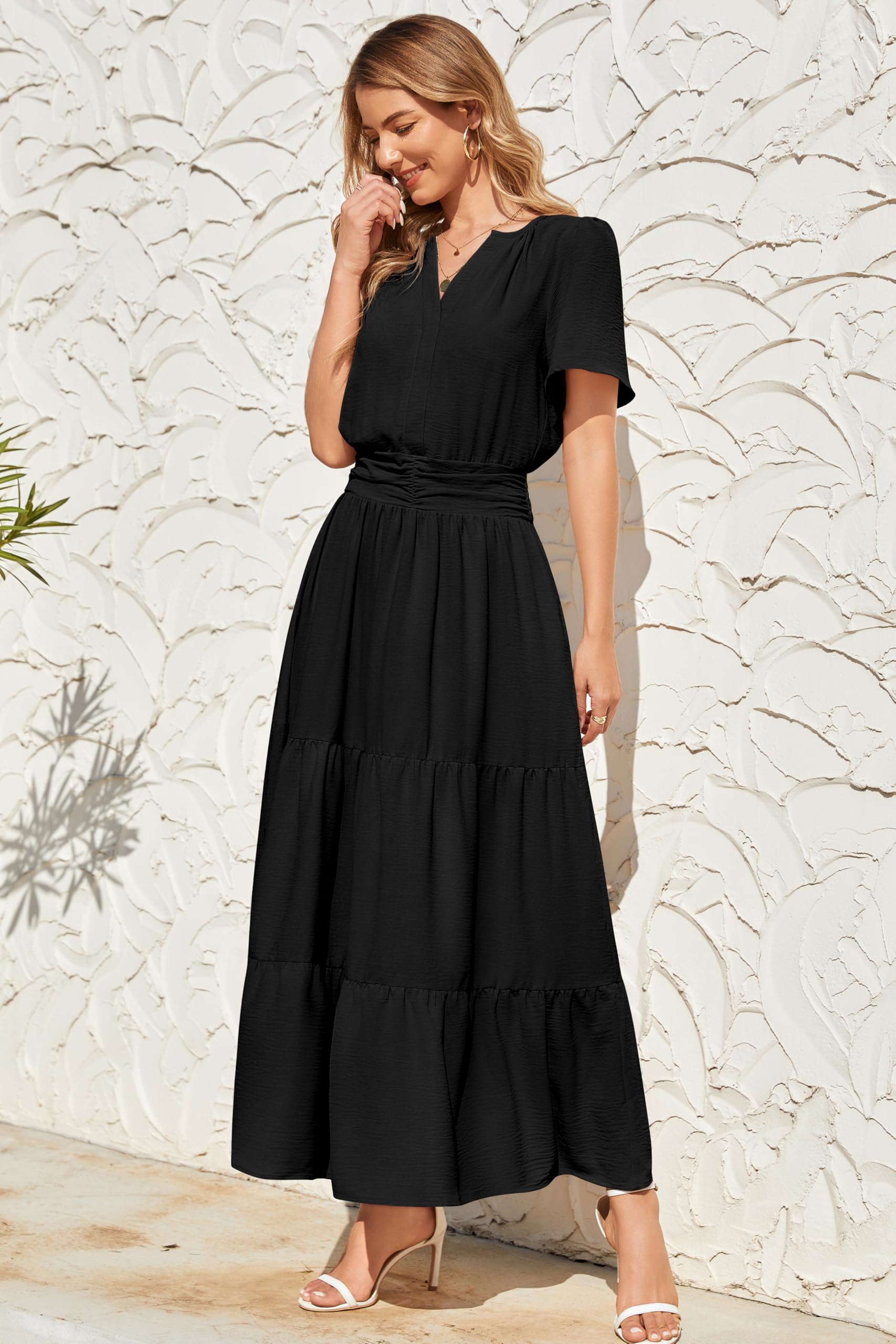 Robe midi maxi pour femme - Manches courtes - Col en V - Taille élastique - Robe de plage bohème - Robe longue fluide pour les invités de mariage