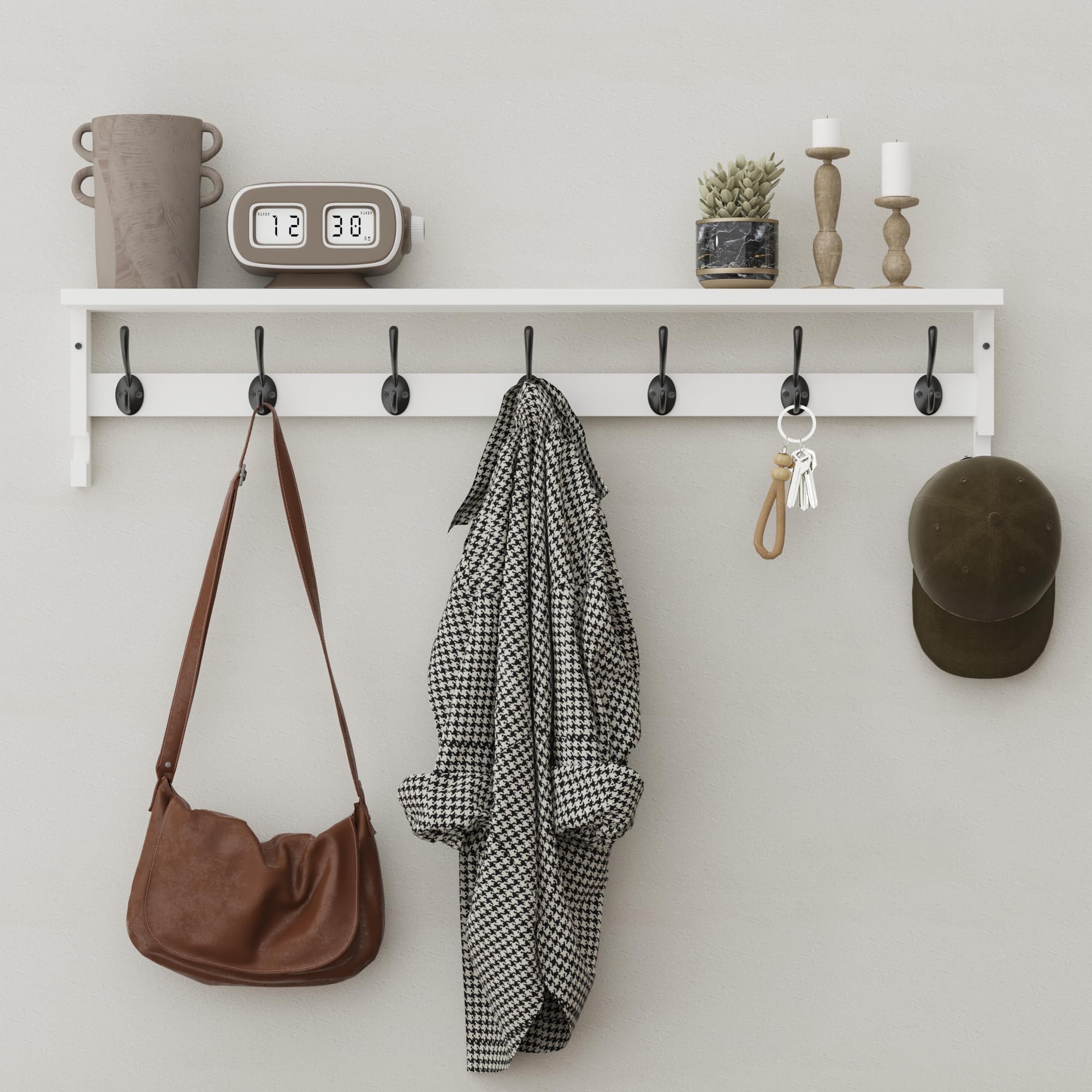 Coat Rack Wall Mount, 35 Inch Large Coat Hooks Wall Mounted with 7 Dual Metal Hooks and 2 Side Hooks, Wall Hooks with Shelf in Entryway, Kitchen, Living Room, Bathroom, Bedroom (White)