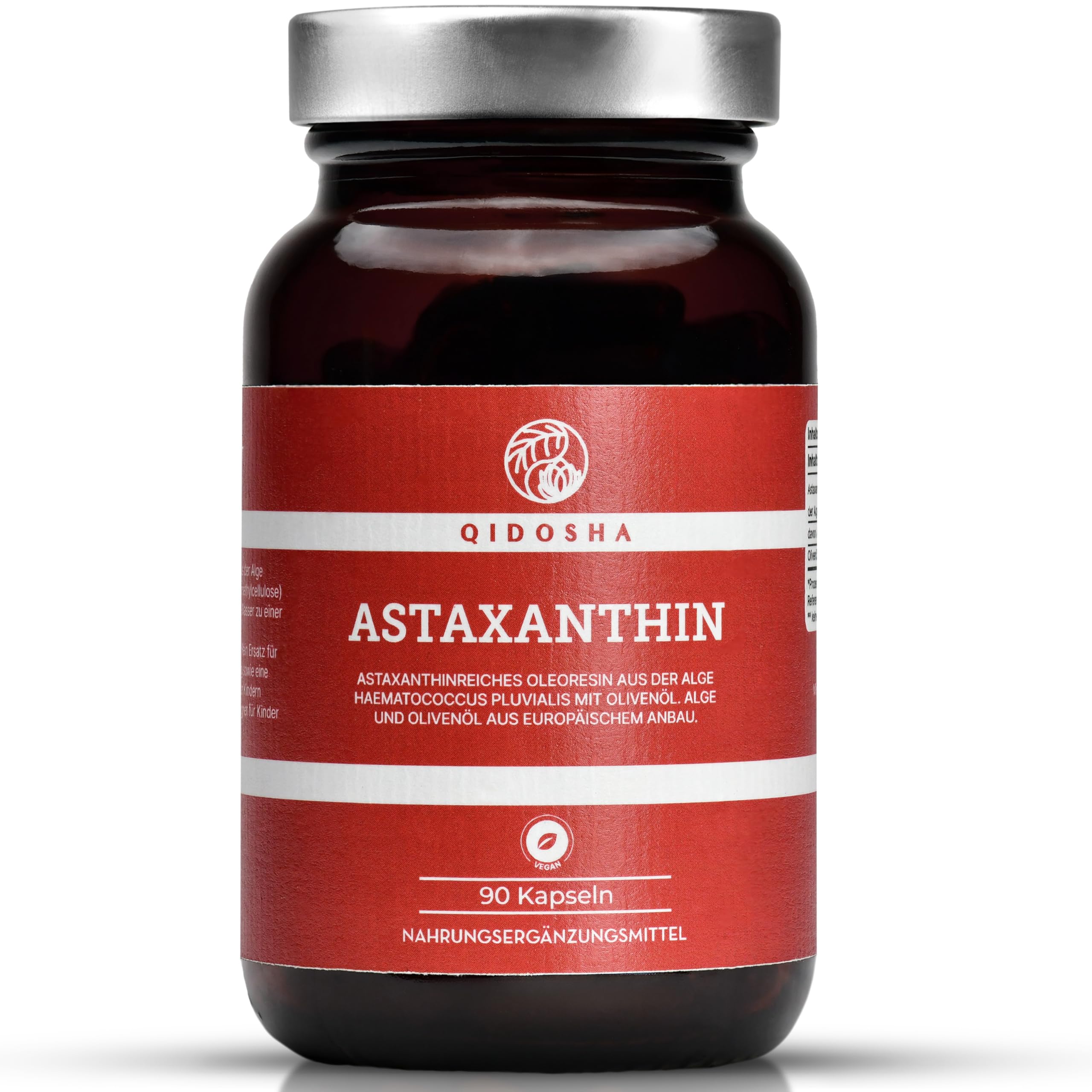 QIDOSHA® Astaxanthin 12 mg aus EU-Rohstoffen & Olivenöl, 90 vegane Kapseln im Apothekerglas, flüssiges Astaxanthin aus portugiesischer Algenzucht