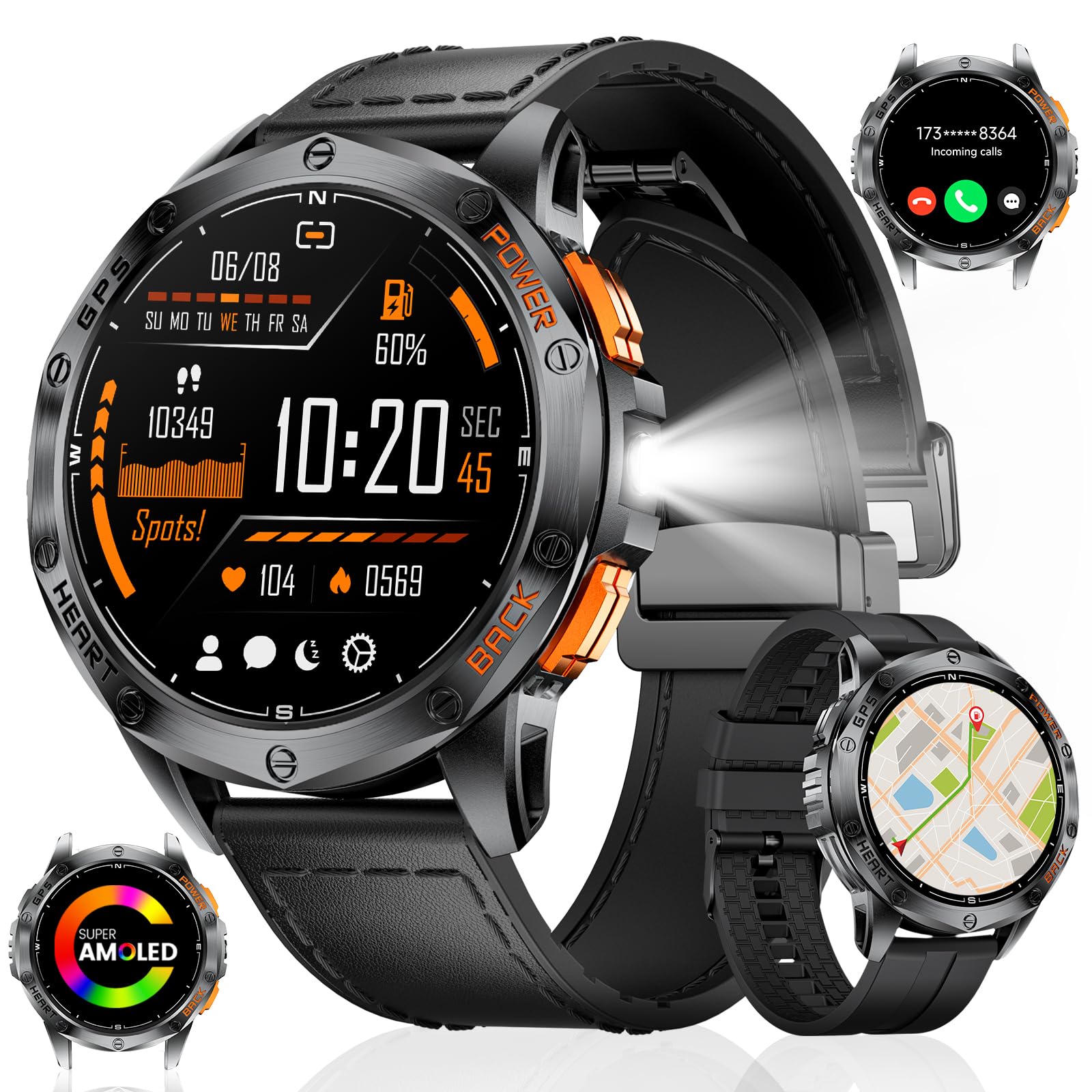 Reloj Inteligente Hombre Militar con GPS, LED Linterna, Llamadas Bluetooth, 10ATM Impermeable, 600mAh Gran Batería Smartwatch Hombre con Altitude/Brújula Compatible iOS Android