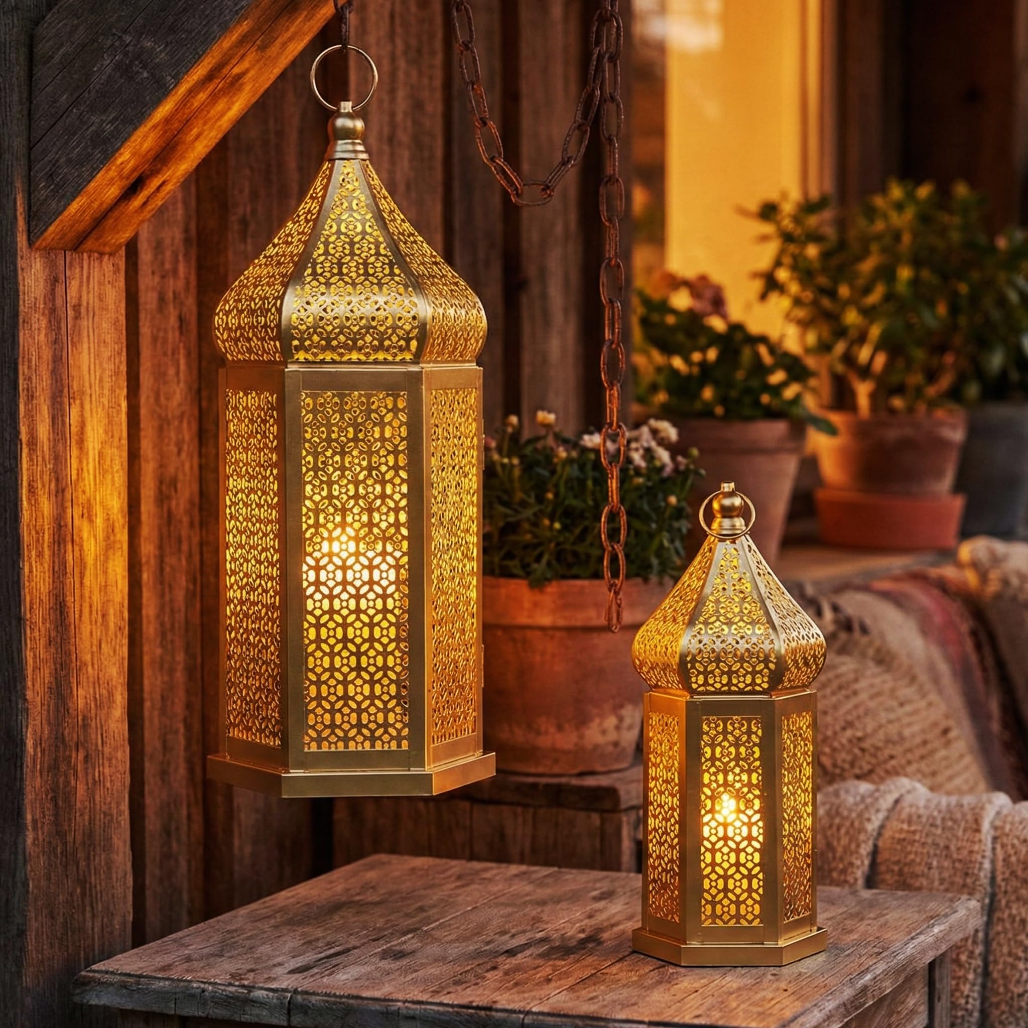 Vela Lanterns Temple Tower - Portavelas decorativo grande marroquí para Ramadán, patio, decoración del hogar, bodas, dorado, juego de 2 faroles | Decoraciones de Ramadán para el hogar, portavelas islámico Eid para centros de mesa o colgar, 11 y 15.25 pulg