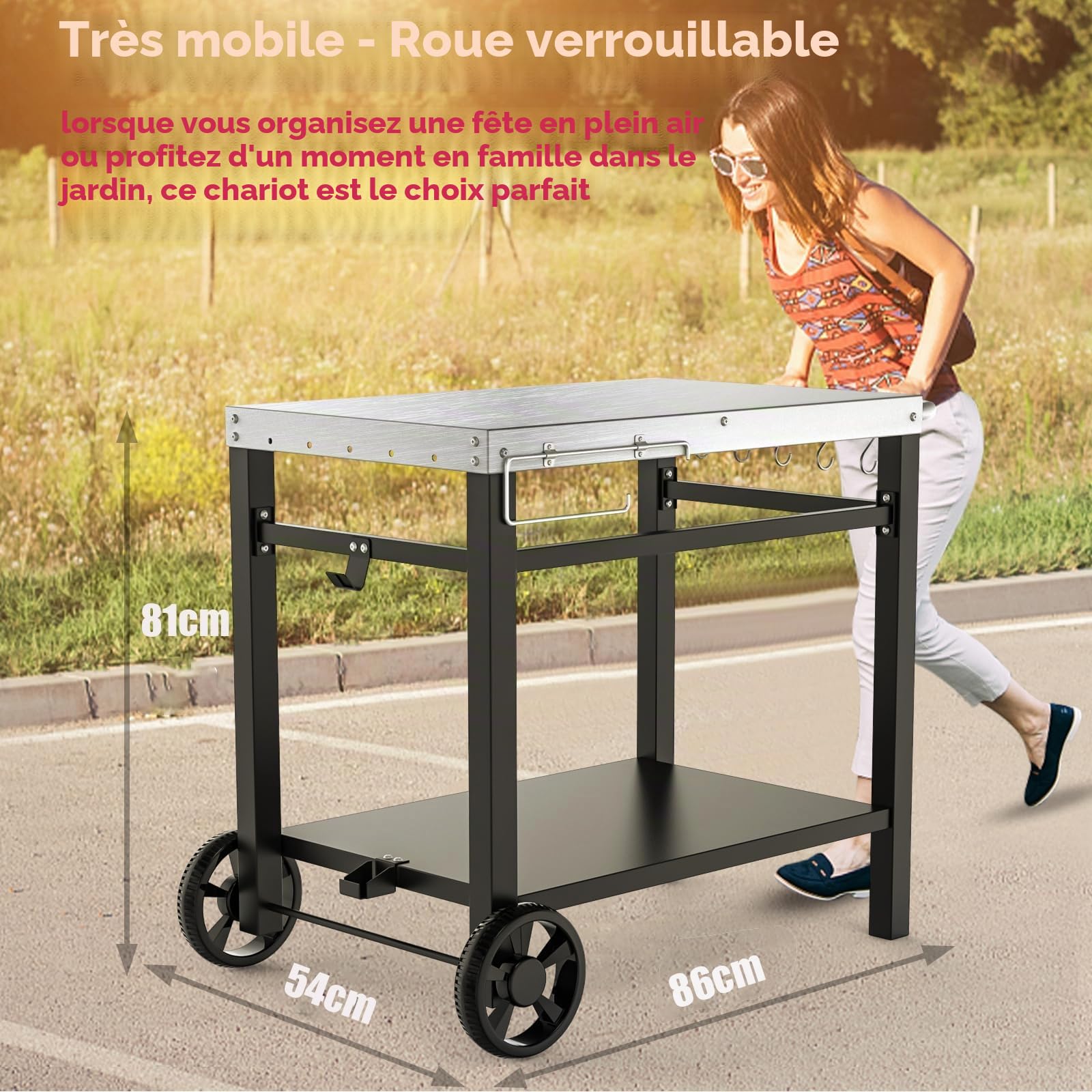GFTIME Table de Barbecue en Acier Inoxydable avec 2 étages, Support de Four à Pizza, Table de Barbecue pour l'extérieur, Chariot de Travail avec 5 Crochets, Chariot de Service extérieur, Table