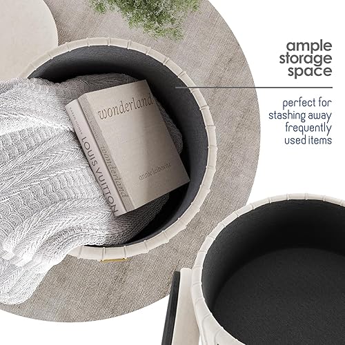 Miniatura 5 de STORAGEBUD Otomana redonda con almacenamiento, otomana de almacenamiento de terciopelo plisado, taburete de pie, taburete de maquillaje, otomanas