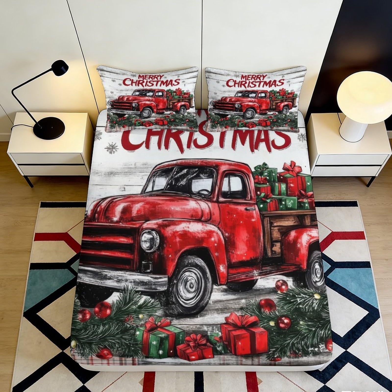 3D Printed Christmas Truck Fitted Sheet Microfiber Elastic Hem Deep Pocket Christmas Pattern Mattress Fitted Cover Washable 200x200x25cm 90x200x25cm