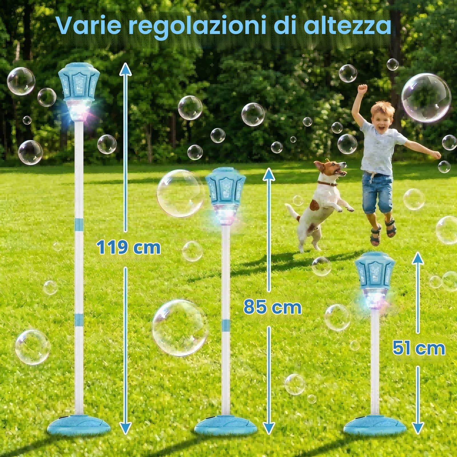 Macchina Bolle di Sapone con Telecomando, 3 Altezze Regolabili fino a 119cm, Luce RGB e Musica, Batteria Ricaricabile USB, Base Stabile, per Bambini Festa Outdoor Matrimonio Giardino