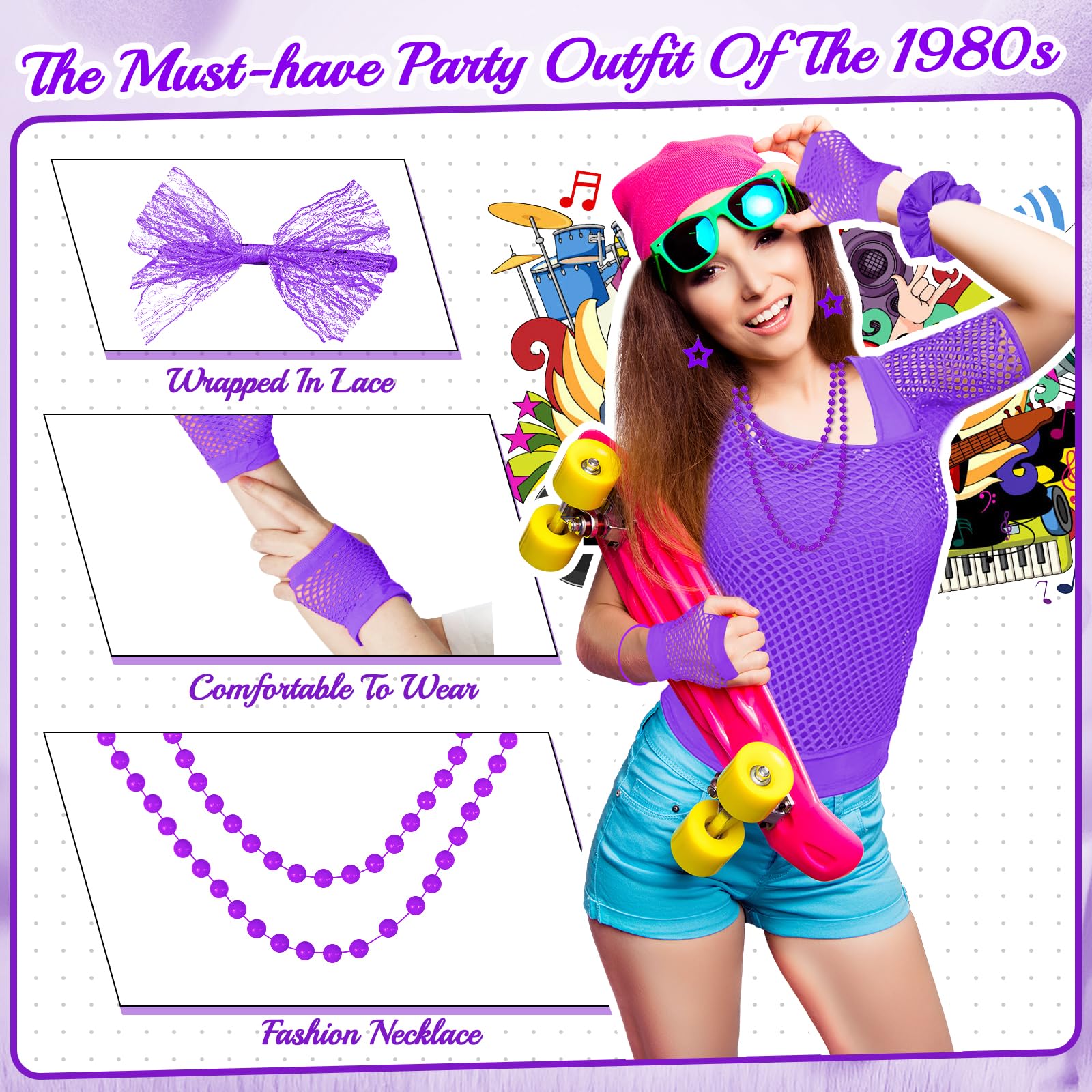 Saier tbo 20Pcs 80s Costume Accessories Set for Women 1980s Fancy Dress Outfit Kit with Fishnet Top Tank Top Leg Warmers Fishnet Gloves for Girls 80s Theme Party Disco Party Cosplay Dress Up - Image 4