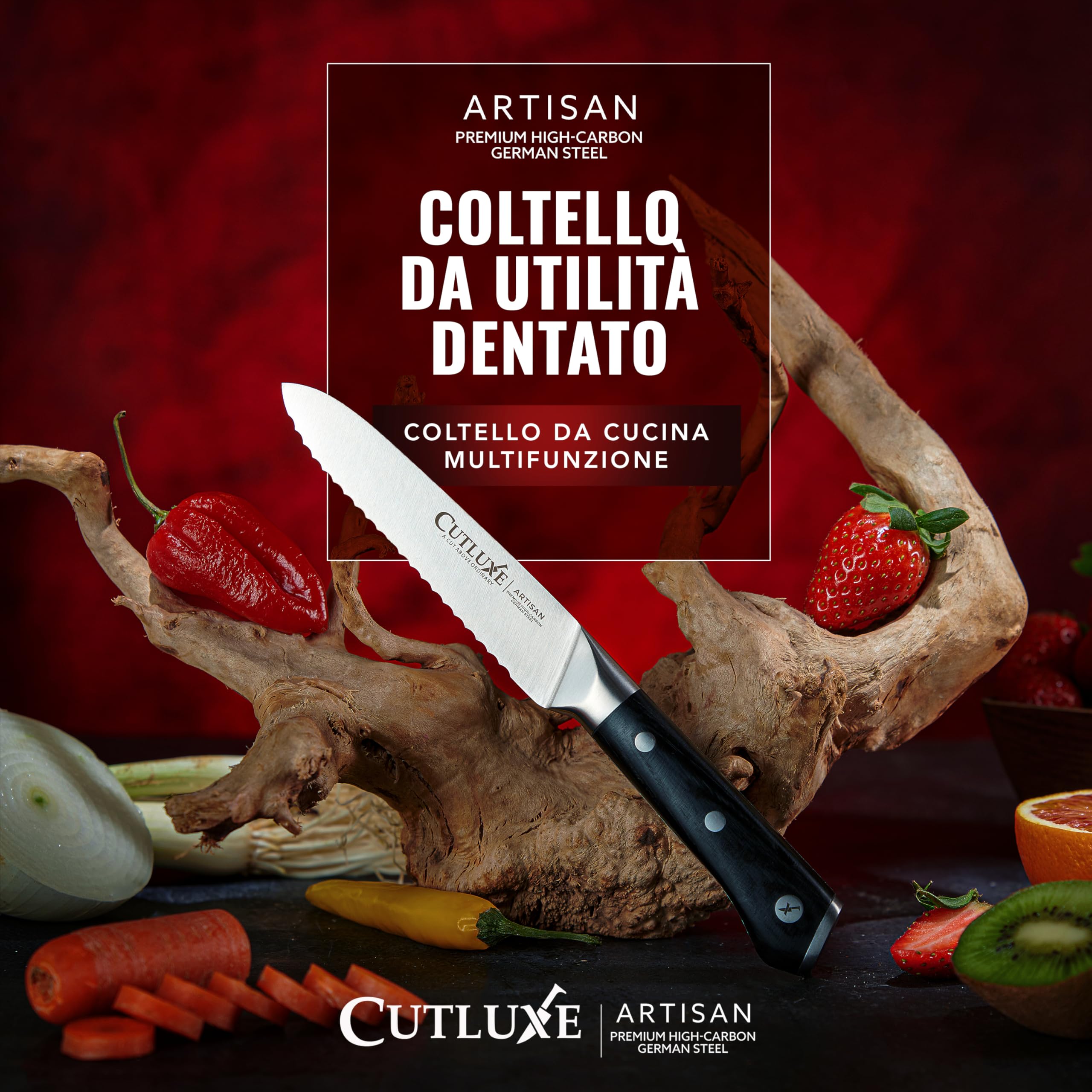 Cutluxe Seghettato Coltello Universale - 13 cm Coltello da Cucina Professionale - Coltello Pomodoro - Coltello Verdure - Acciaio Tedesco al Carbonio Forgiato - Impugnatura Ergonomica - Serie Artisan