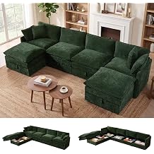 WorthFurni Modular Sectional Sofa with Storage Ottomans,134" U-Shaped Cloud Couch,Comfy Modern Couches with Pillows & Upholstered Deep Seat Cushion for Apartment Living Room BedroomGreen