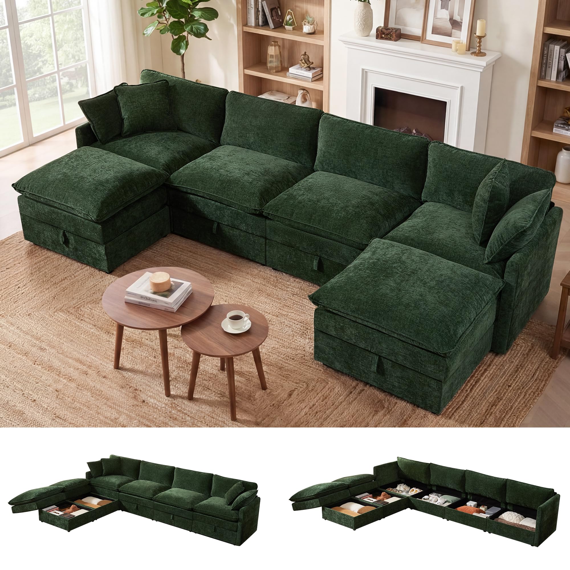 WorthFurni 134 Modular Sectional Sofa with Storage Ottomans