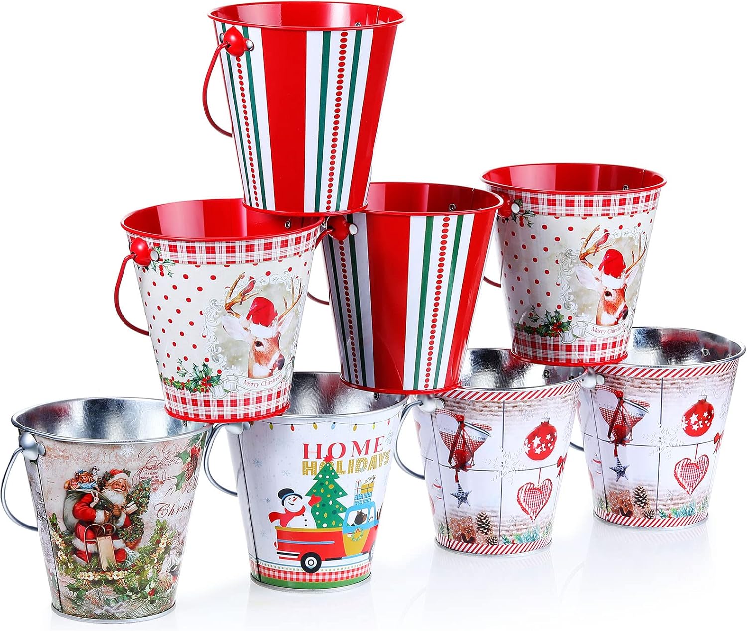 Sawysine 8 Pcs Christmas Metal Bucket Christmas Tin Pot