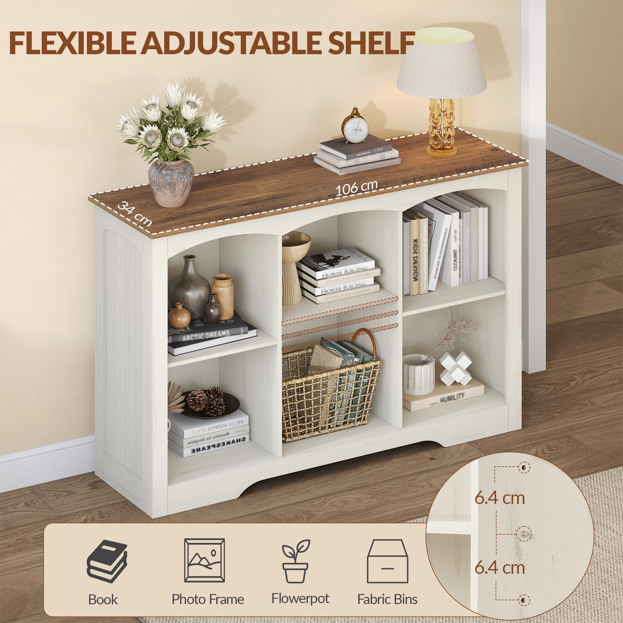 Bücherregal Regal mit 6 Fächern, 106 x 34 x 80 cm, Weiß und Braun | Würfelregal, Offenes oberes Ablagefach, für Wohnzimmer, Büro, Schlafzimmer und Küche, FFSG003FWR1
