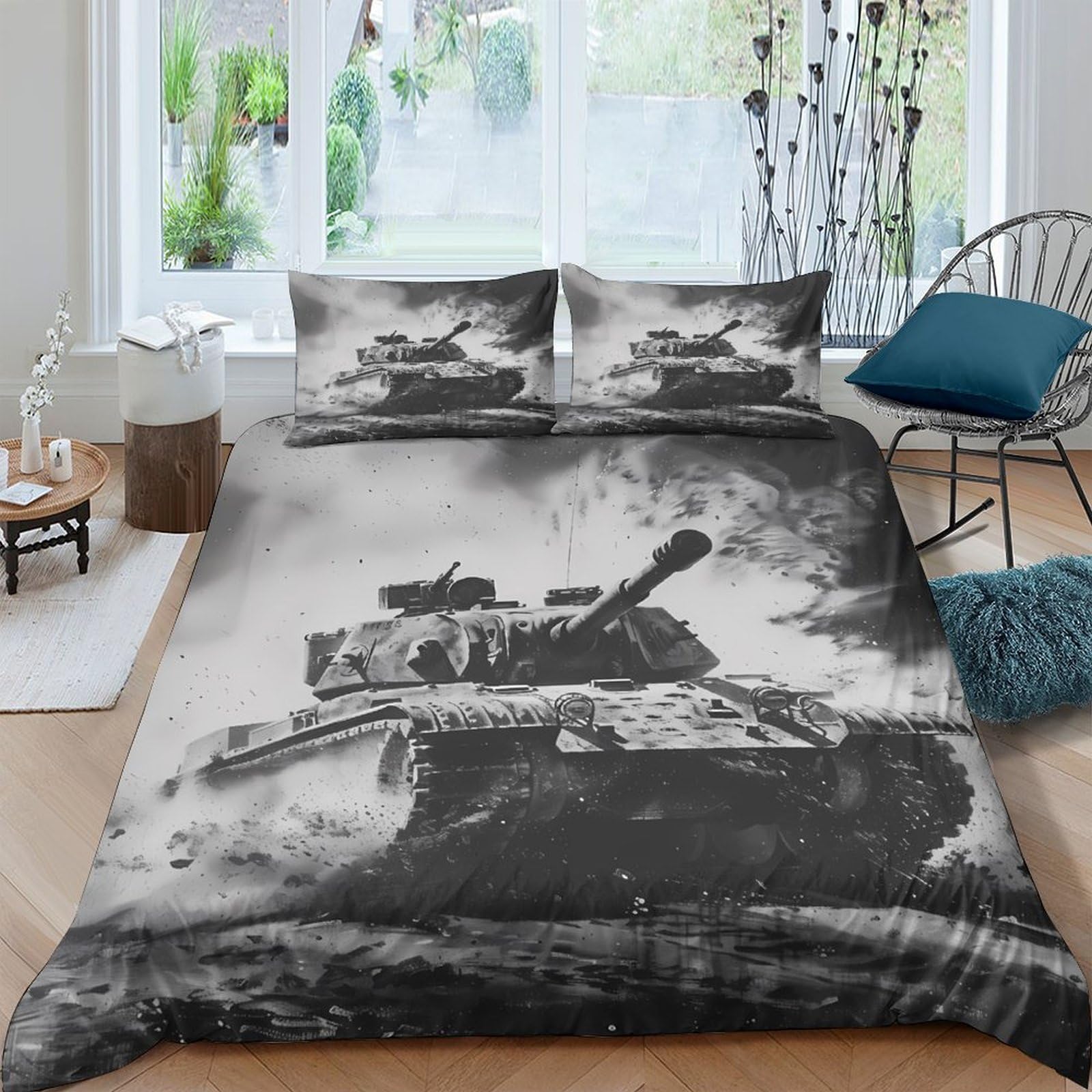 Ctjqhvkz Style-6 3D Printed Tank Battlefield Fitted Sheet Microfiber Soft Grey War Scene Bed Cover For Bedroom Decor Mattress Protection Single（135X200cm）