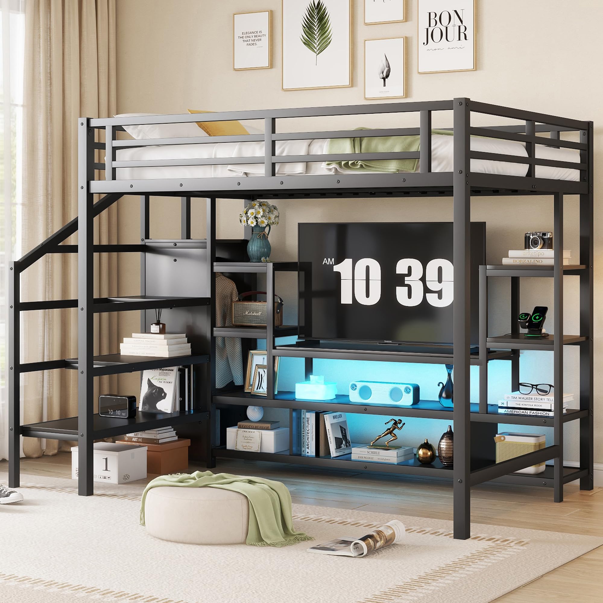 KEIKI Full Size Loft Bed with Stairs and Storage, detailed dimensions