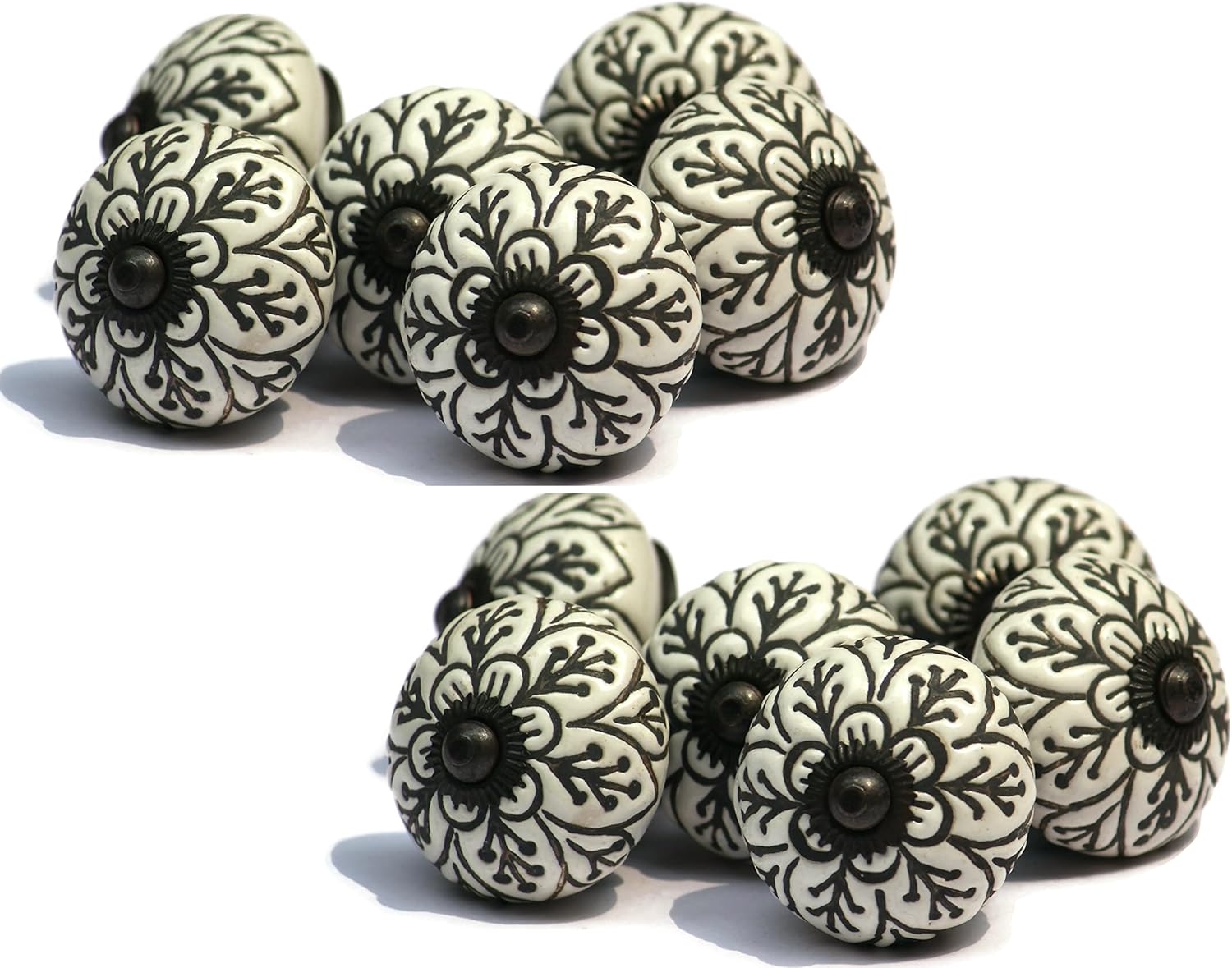 Set of 12 Vintage Theme Black and White Ceramic Knobs - Cabinet knobs - Drawer knobs - Cabinet pulls - Door knobs