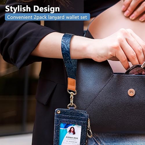 Miniatura 6 de Cartera con cordón para tarjetas de identificación con cordones y correa para la muñeca, funda con bolsillo con cremallera para mujeres, hombres y