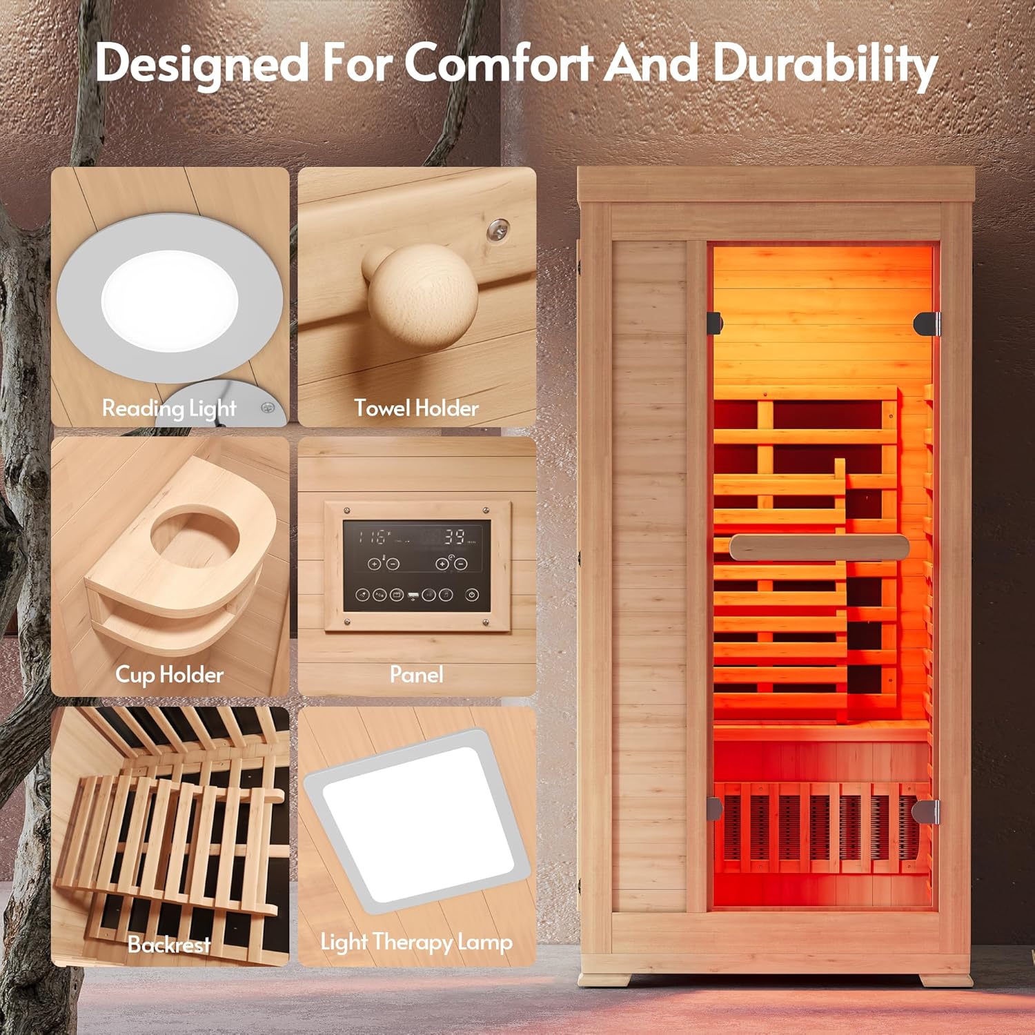 ENSTVER Infrared Wood Sauna 6.4Ft 1-2 Person, Luxury Full Spectrum Far Infrared Sauna Features Low EMF 1745w 7-Light Dynamic & Music Speakers, Canadian Hemlock Dry Indoor Saunas for Home & Gym