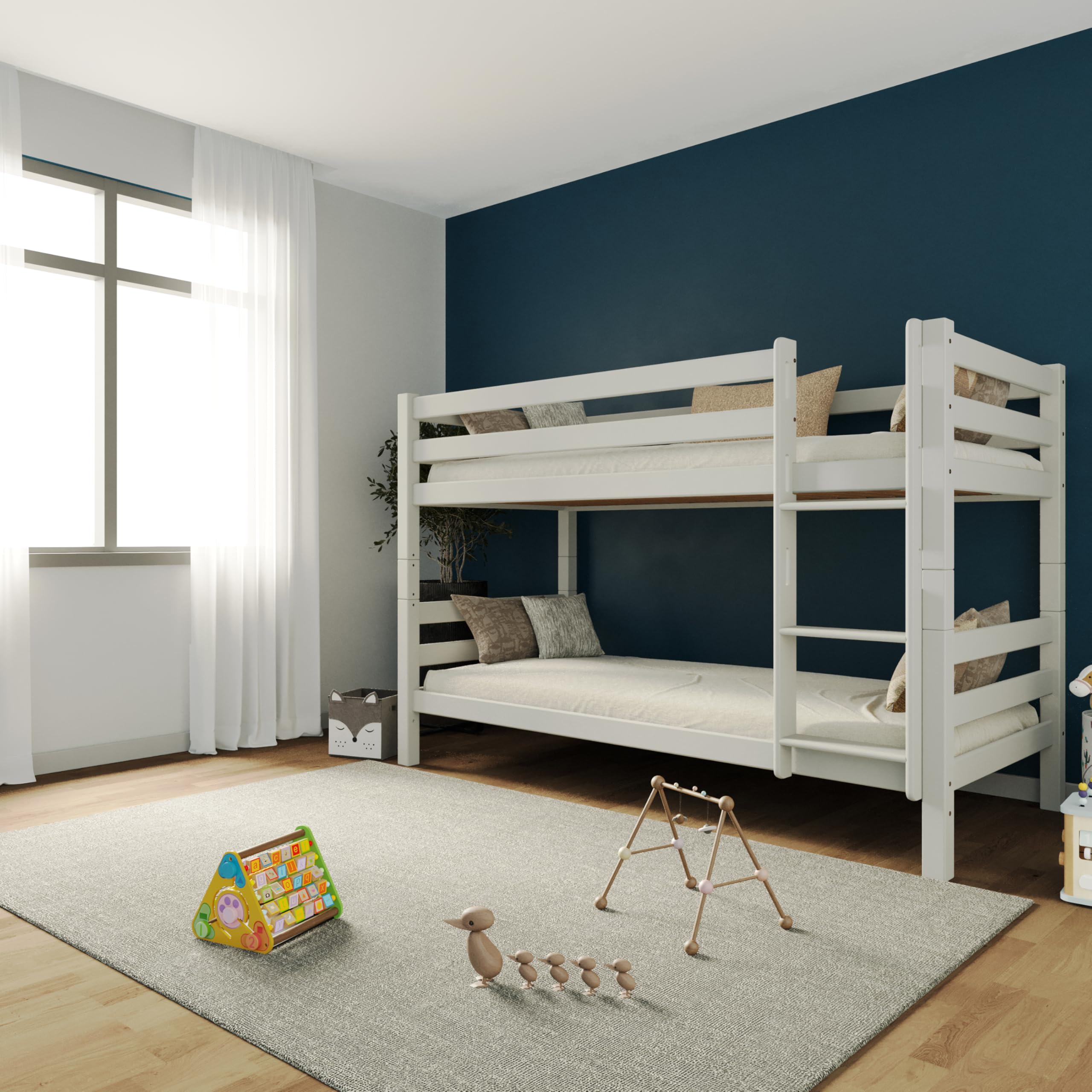 f25 - Letto a castello in legno massiccio di faggio, rete a doghe, letto a castello con doppio telaio, senza scivolo, laccato bianco