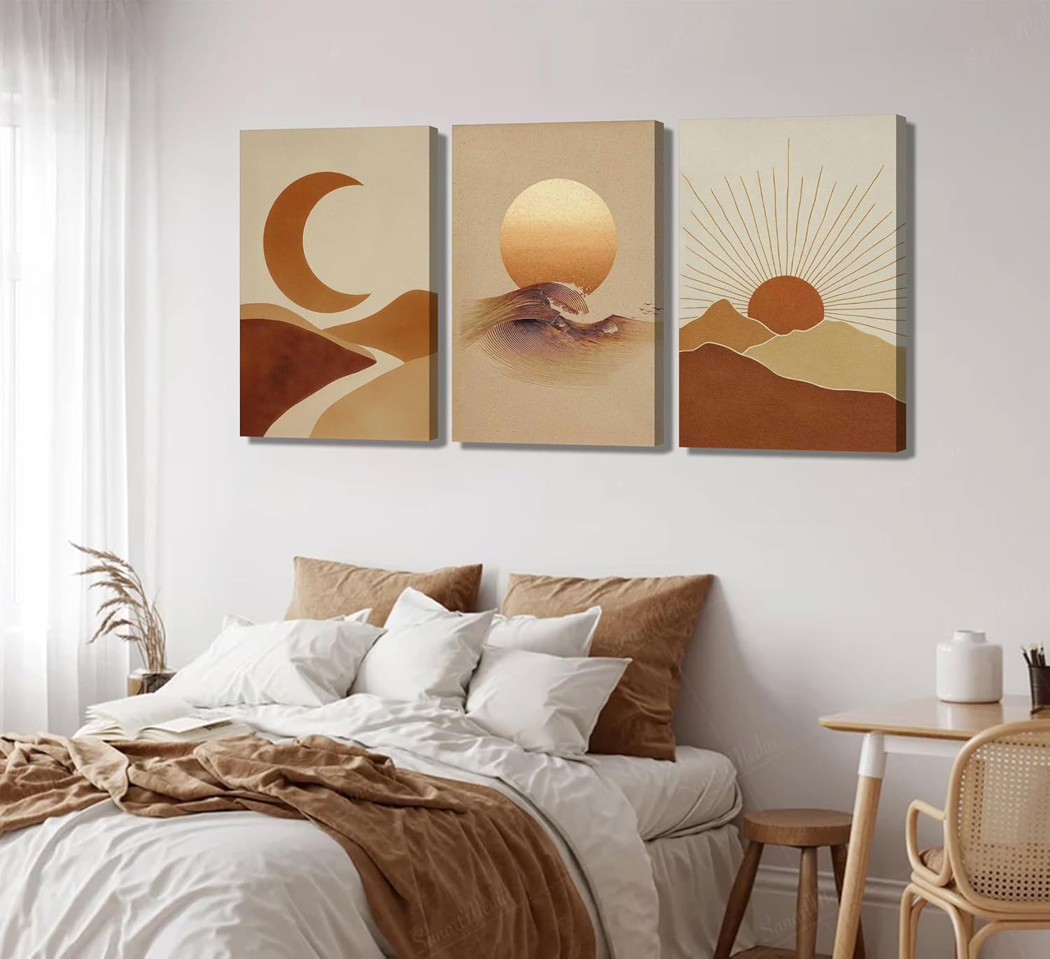 3Pcs Boho Sun and Moon Canvas Wall Art Abstract Poster Print Mid Century Modern Picture Earth Tone Minimalist Celestial Painting Wall Decor for Bedroom Living Room 12x16in Framed