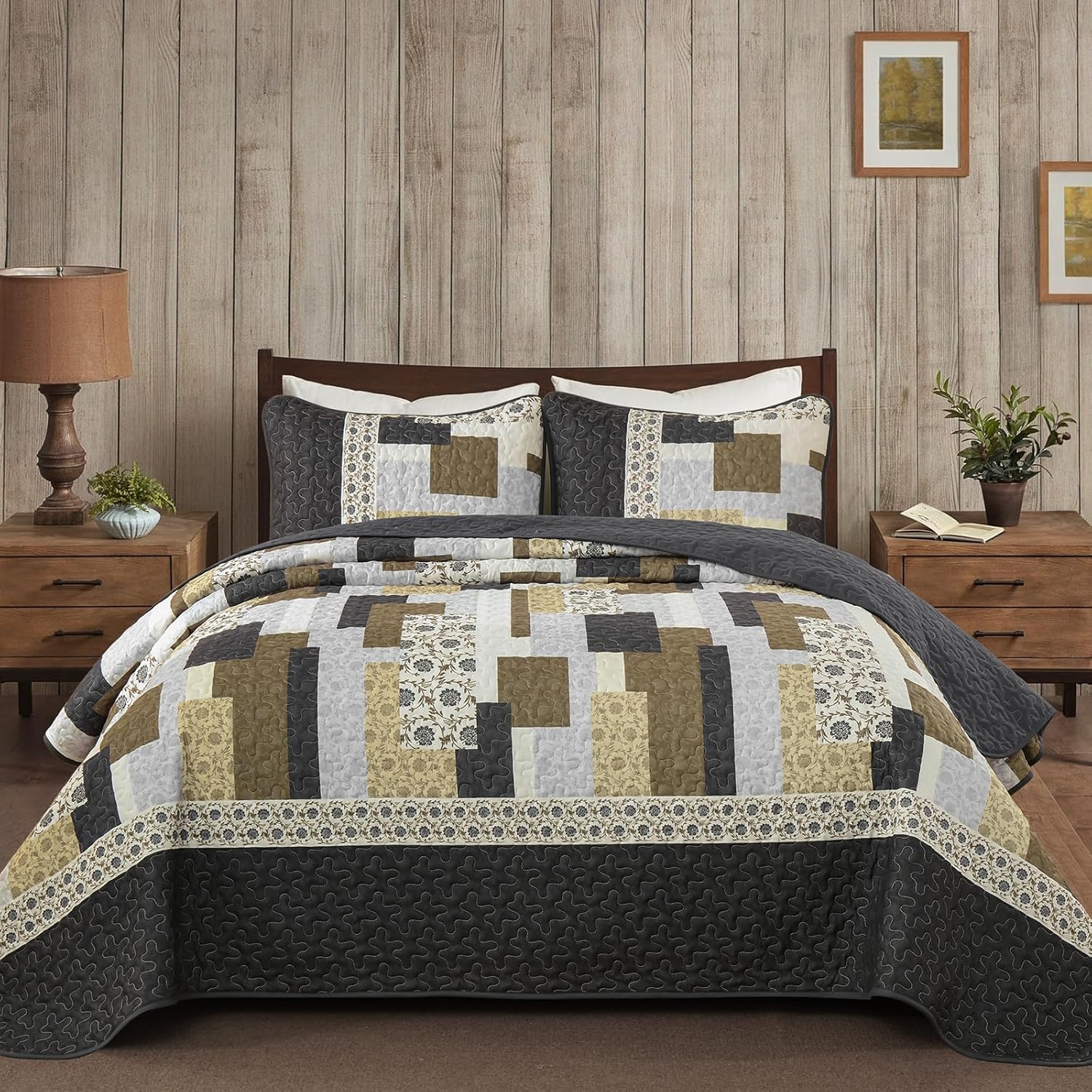 Yiran Olive Green King Quilt Set, Lightweight Patchwork Bedspreads Bedding Set, Farmhouse Coverlet Set with 2 Shams for All Seasons