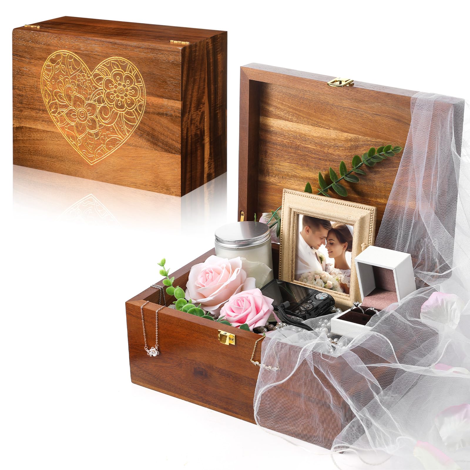 Threehoney Caja grande de madera para recuerdos de boda con tapas, 12 x 9 x 5.5 pulgadas, caja de almacenamiento de recuerdos de boda, regalos de compromiso para parejas, recién casados, despedidas de
