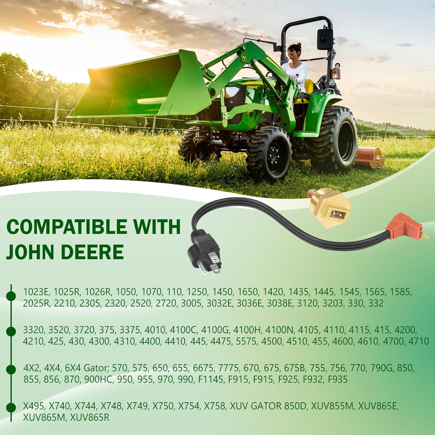 AR87167 Engine Block Coolant Heater Kit with AR8767 Heater Element & AR87168 Power Cord, Fits for John Deere 1025R 110 2210 2305 4210 445 X495 XUV Gator 850D 855D 855M 865E Tractors