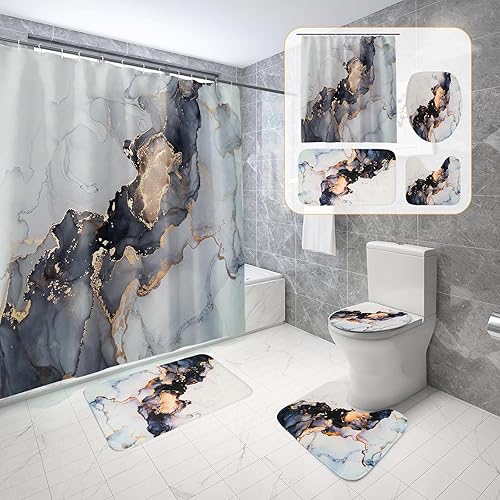 yuuzue Juego de 4 cortinas de ducha, juego de baño con cortina de ducha y tapetes, juego de accesorios de baño con 12 ganchos, juego de decoración