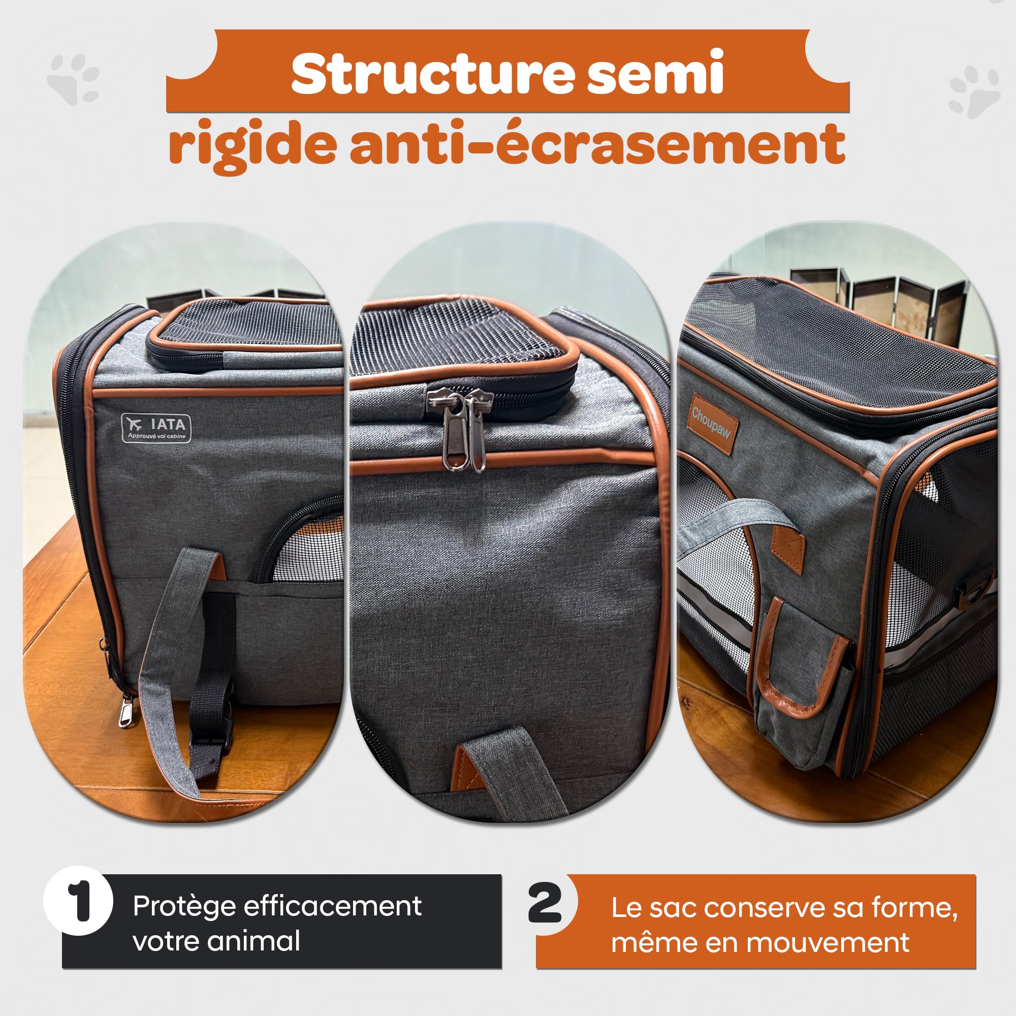Choupaw Sac de Transport Chien et Chat 45 x 28 x 25 cm, Sac de Transport Cabine Avion Semi-Rigide avec Coussin Réversible Été/Hiver, Laisse Intérieure, Bandoulière Réglable et Bol Pliable Inclus