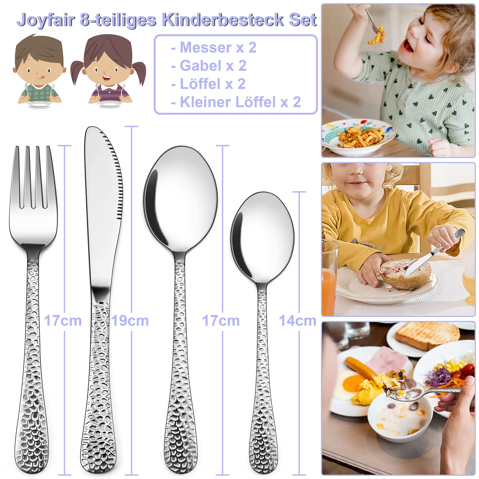 Joyfair Set di posate per bambini, 8 pezzi, con manico a martello, in acciaio inox, per bambini e bambine, piccoli cucchiai/coltello/forchetta, a partire dai 3 anni, lavabili in lavastoviglie