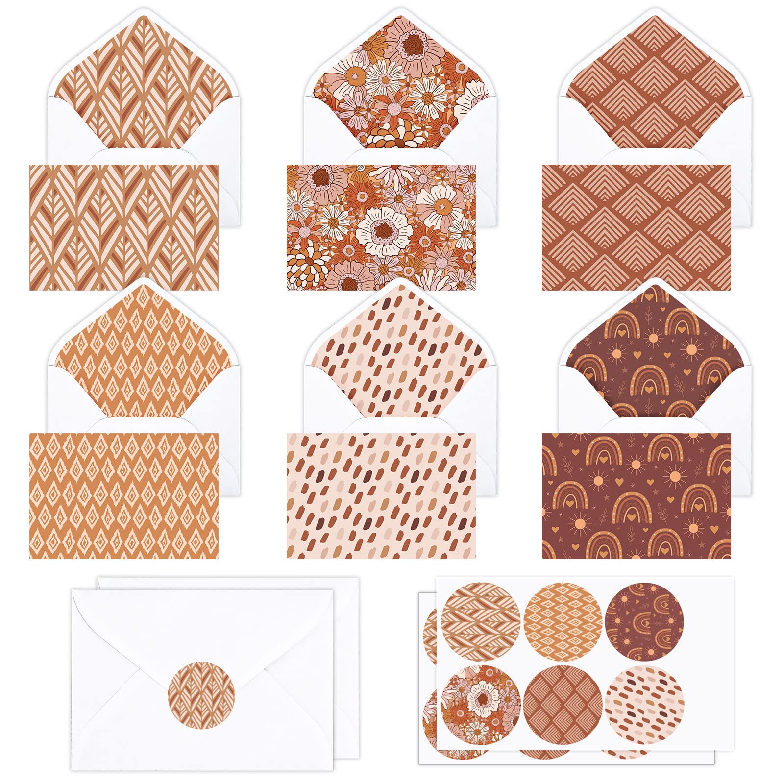Whaline 36 Pack Brown Greeting Cards and Envelopes with Matching Seal Stickers 4 x 6 Inch Boho Rainbow Floral Dark Brown Assorted Blank Notecards for Birthday Wedding Baby Shower, 6 Designs