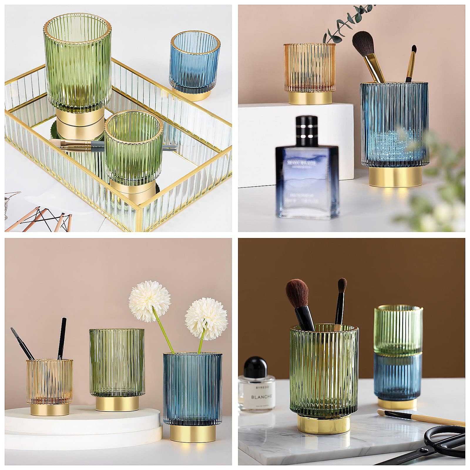 DASITON Makeup Brush holder Organizer,Crystal Cosmetic Makeup Brush Glass Brushes Storage Holder, Vintage Make Up Brush Cup Pen Pencil Holder striped vase(Coffee S) - Image 4