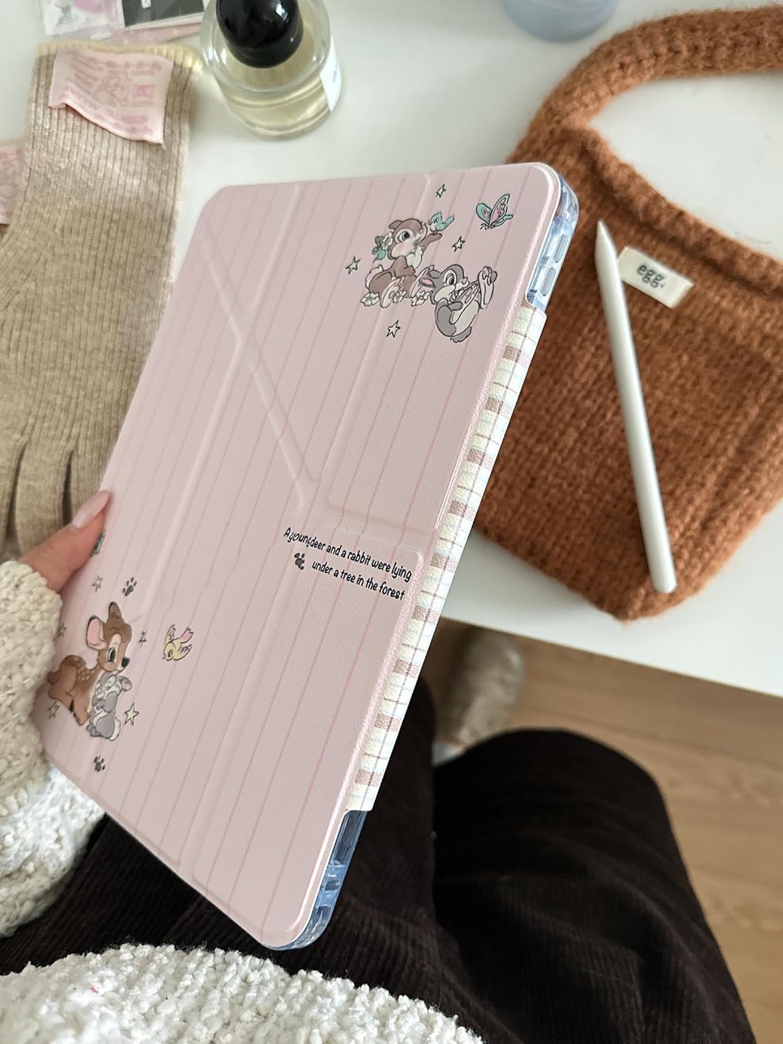 Pink Case with Kickstand Stylus Holder for Apple Bambi Deer Thumper Rabbit Striped Forest Fairy Tale Animal Anime Cartoon Cute Lovely Adorable Kids Girls (for iPad A16 11th Generation 2025 11 Inch)