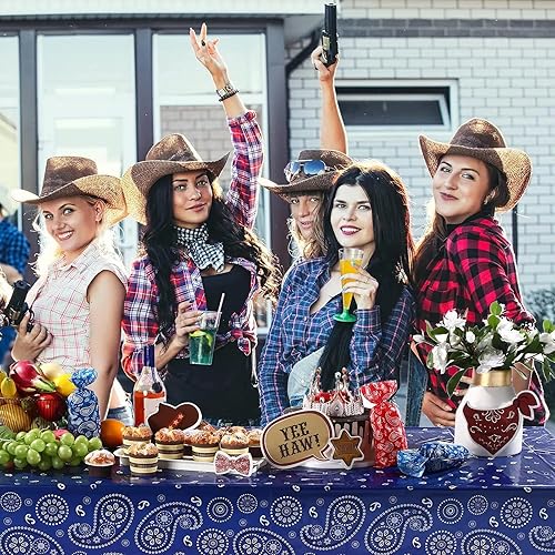 Miniatura 6 de Mantel rectangular de plástico con estampado de cachemira para fiestas temáticas de vaquero occidental, 108 x 54 pulgadas (6, azul)