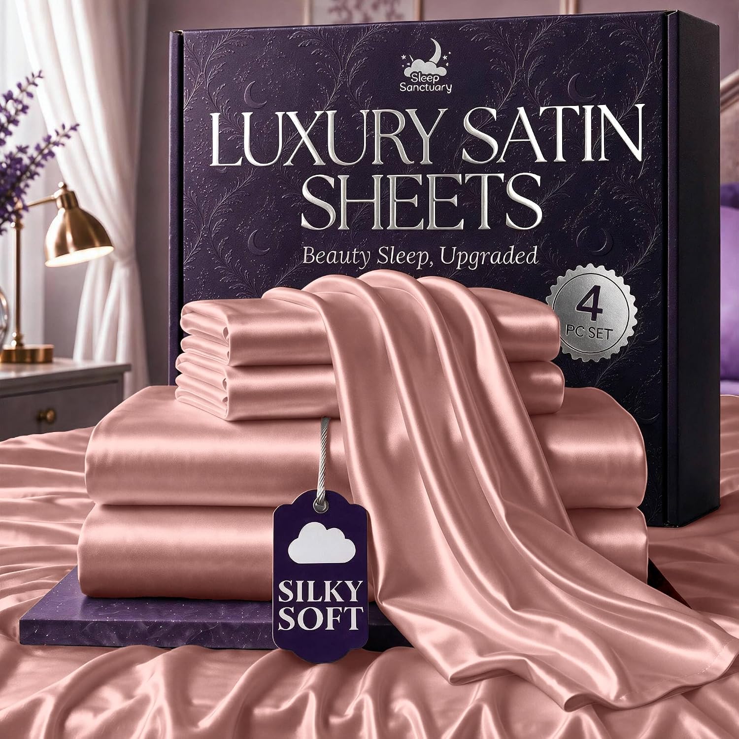 SLEEP SANCTUARY Satin Sheets Queen Size – 4 Piece Luxury Silky Bed Set, Softer Than Silk, 15" Deep Pocket, Cooling & Wrinkle-Free, Moisture-Wicking & Breathable for Hair & Skin (Blush Pink)