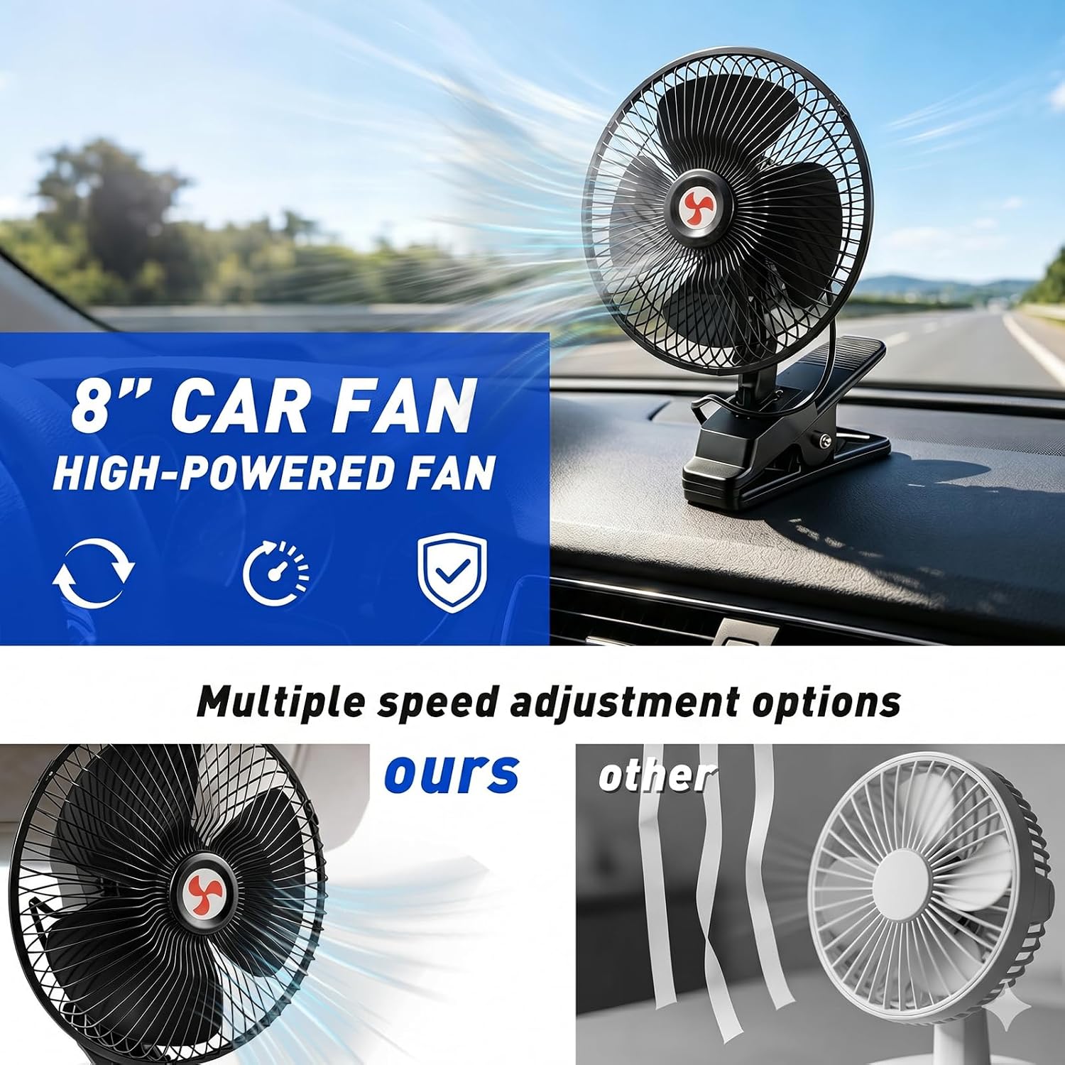 8" 12 Volt Oscillating Fan, Portable Car Fan with Cigarette Lighter, Cooling Ventilation Clip Fan, 2 Speed Adjustable DC Plug Fan, Perfect for Car, Truck, RV | Cord Length 6.5FT
