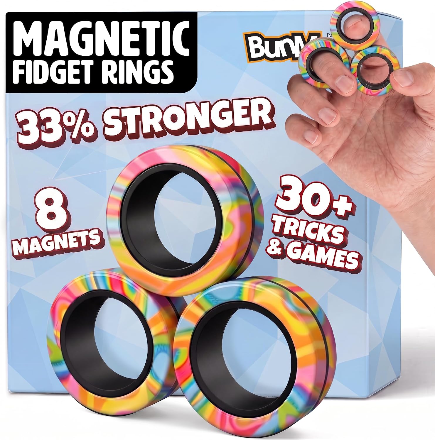 BUNMO Magnetic Fidget Rings 3pk – Cool Fidgets for Teens, Quiet Fidget Toys, Fidget Toys Adults, Maximum Strength 8 N50 Magnets, Learn Cool Tricks, Teen Gifts, Fidgets for Kids 8-12, Multicolored