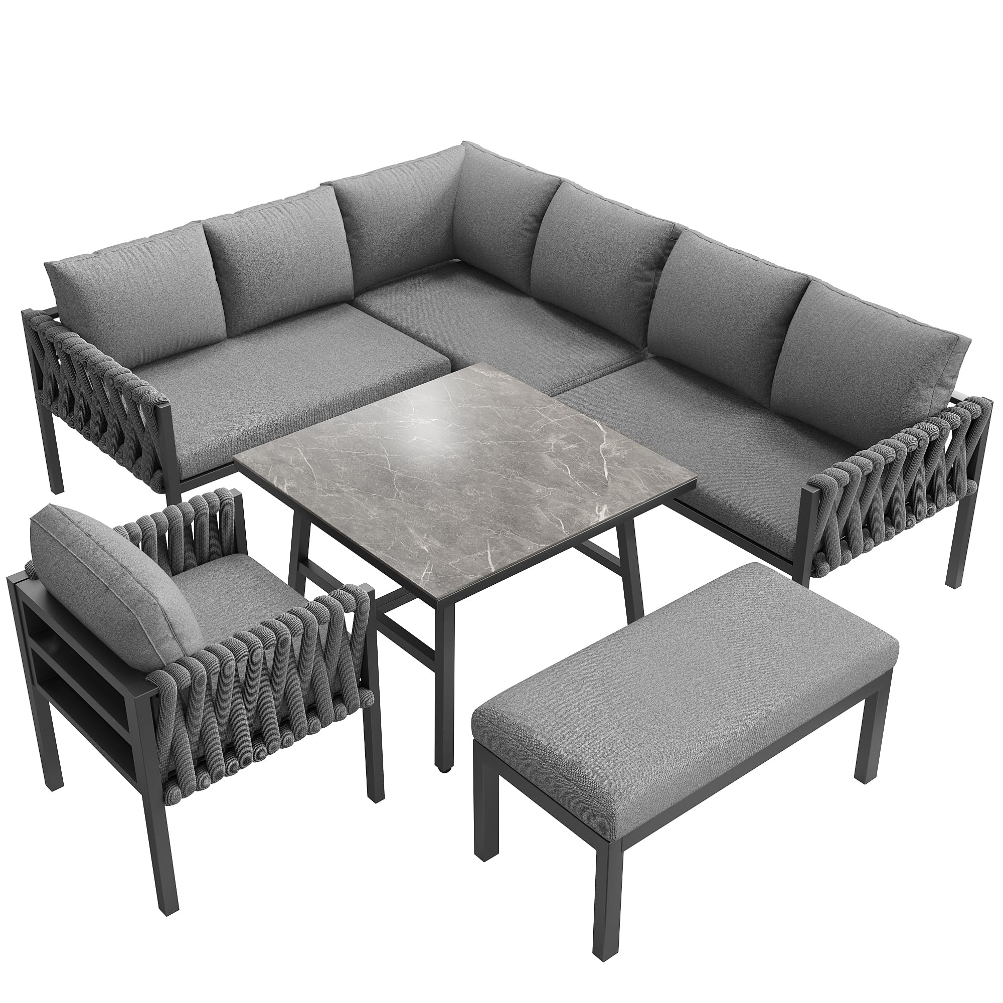 Sapgaks Ensemble de Salon de Jardin extérieur 7/8 Personnes en Corde avec Structure en Fer galvanisé,Pieds réglables,canapé d'angle+Table+Banc + Fauteuil,Plateau de Table en Verre trempé (C-Gris)