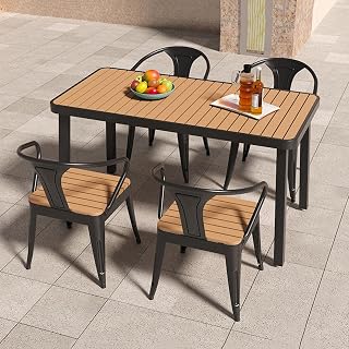 Dalumian Juego de Comedor de 5 Piezas para Patio con 4 sillas apilables y Tablero de plástico y Madera, Mesa de Centro, Estructura de Hierro, Mesa Rectangular, Juego de Muebles de Exterior(Black)