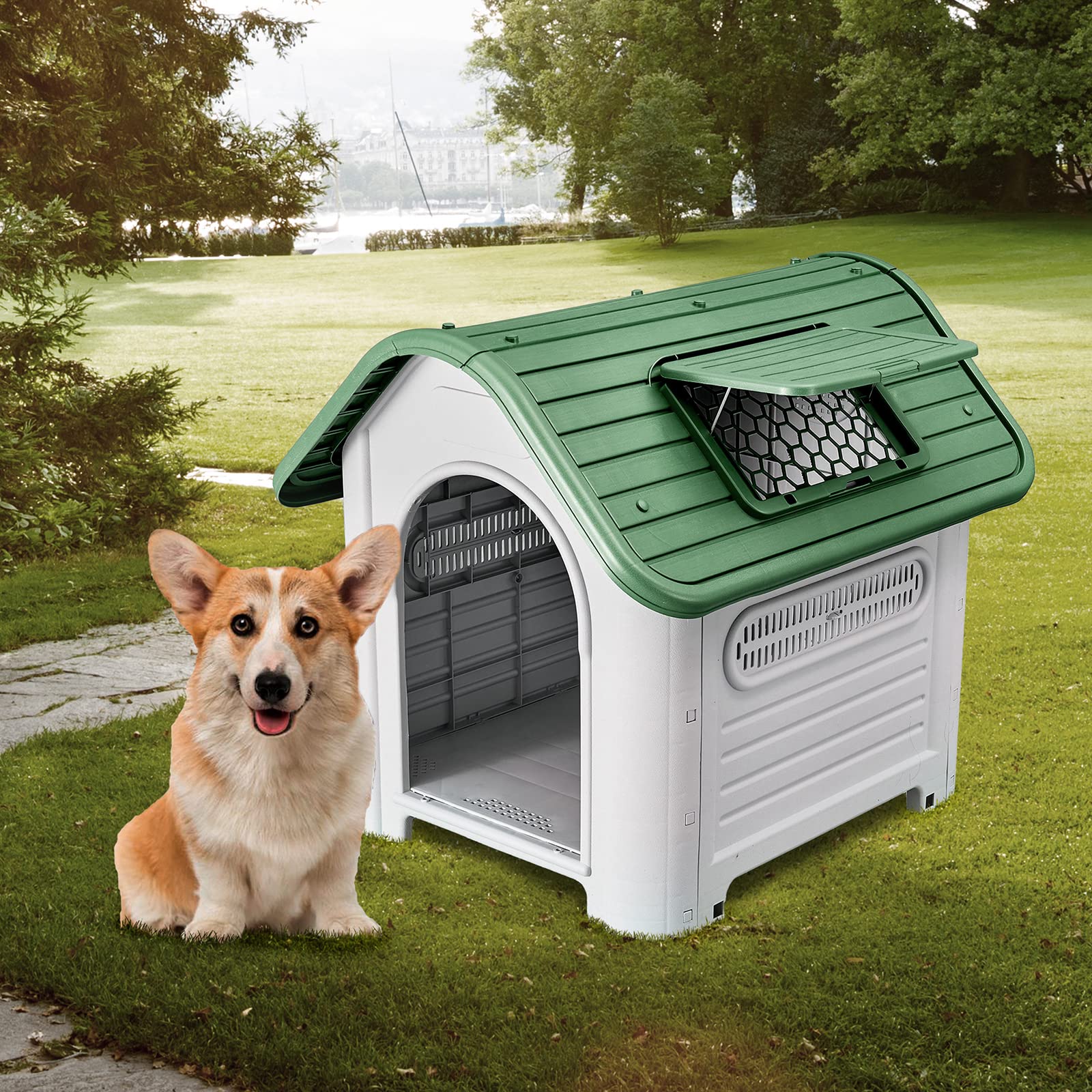 GARDIUN KZT1007 - Caseta de Perro Dakota Resina 87x72x75 cm Diseño Beige y Verde con Rejilla de Ventilación Lateral para Perros Medianos con Suelo Elevado y Ventana